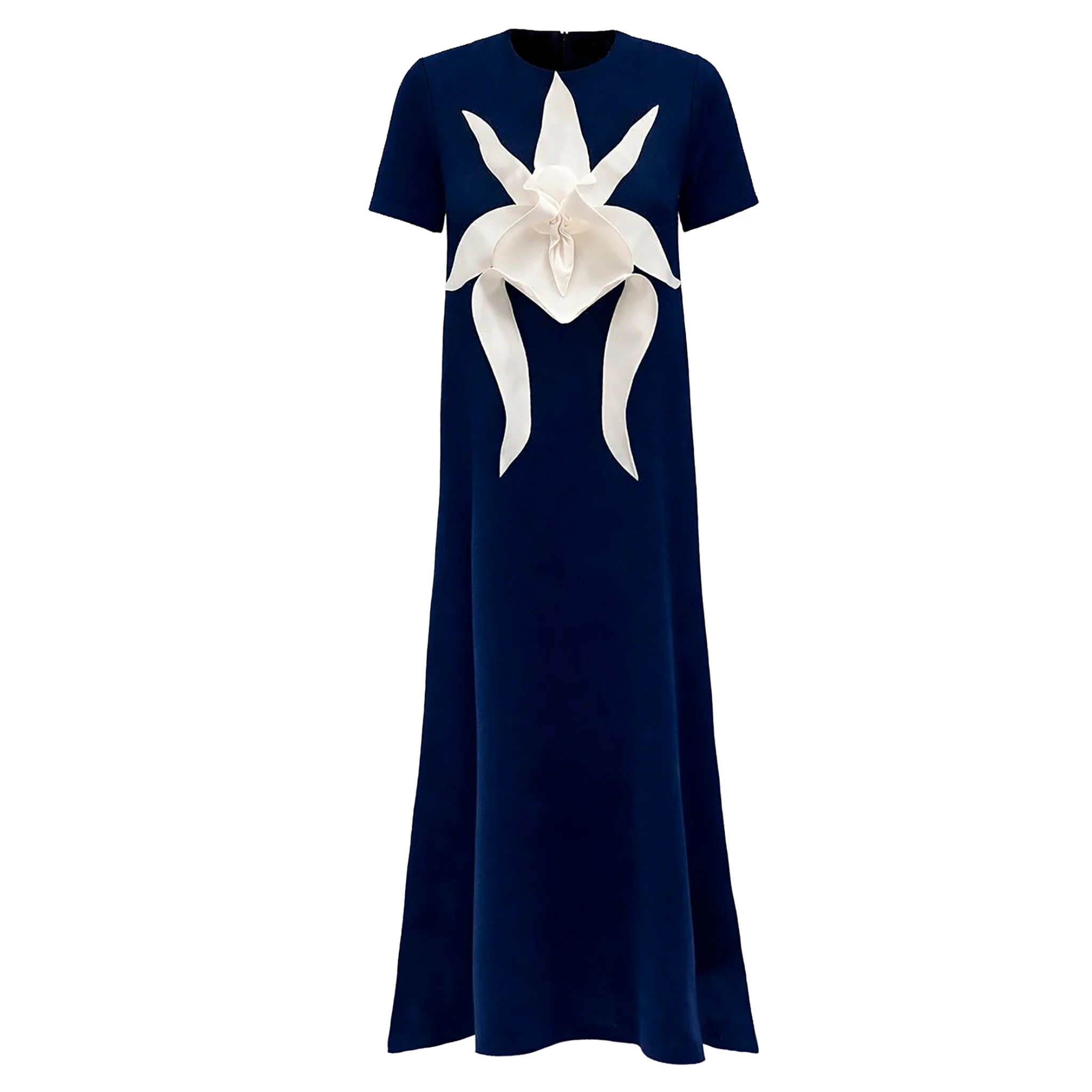 Ankle-Length Knit Dress With Flower Detail - Dark Blue