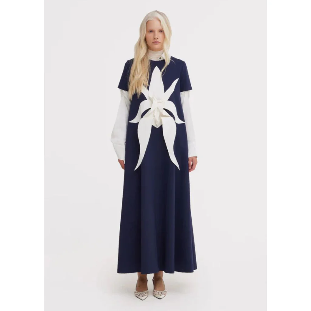 Ankle-Length Knit Dress With Flower Detail - Dark Blue - Image 2