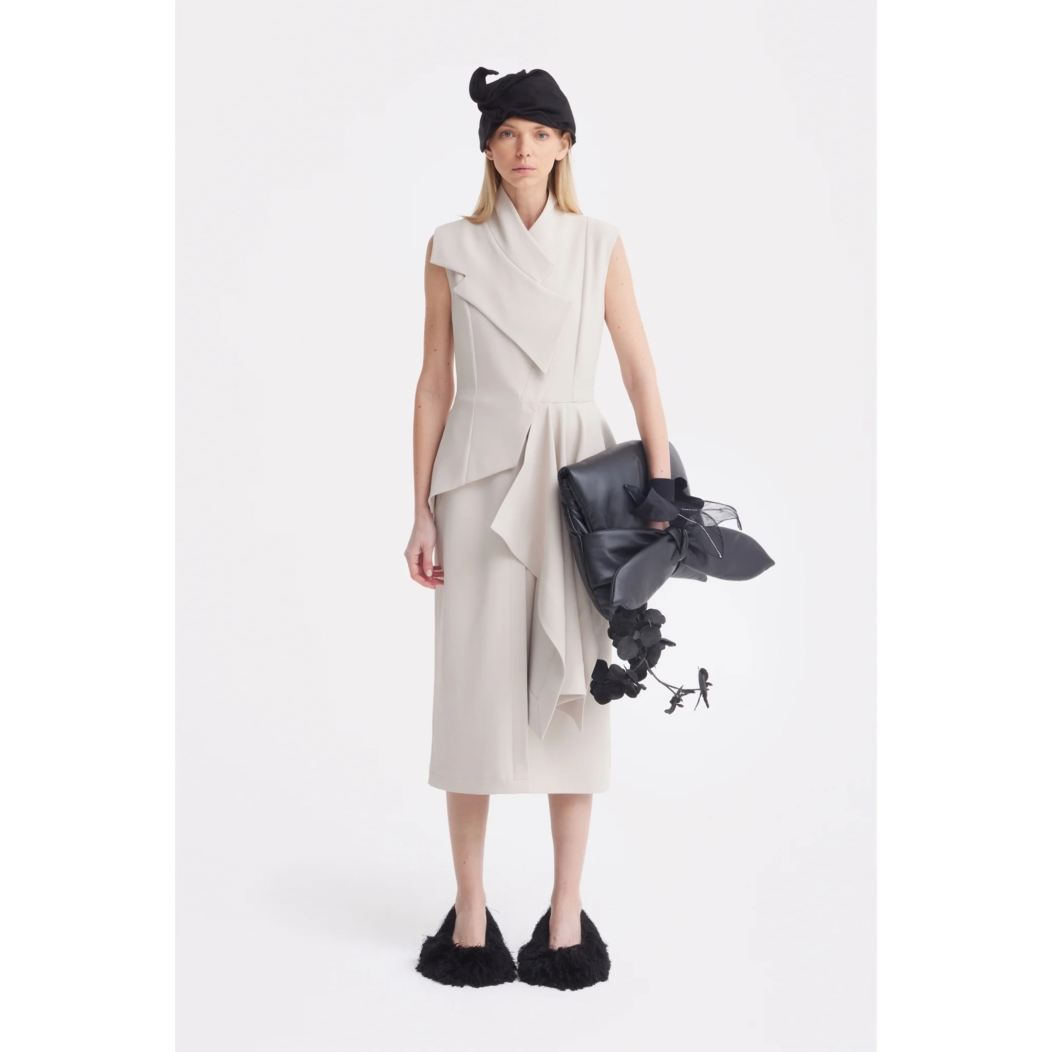 Architectural Draped Midi Dress - Beige - Image 2