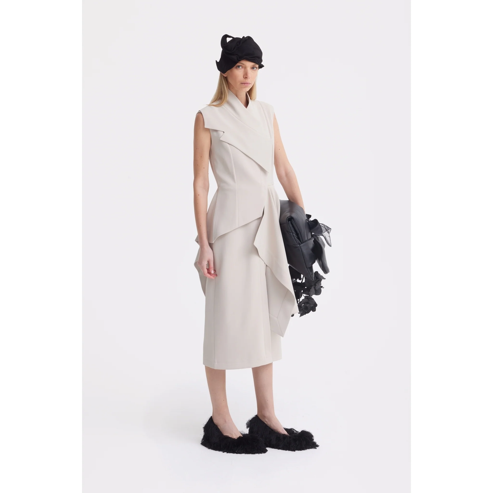 Architectural Draped Midi Dress - Beige - Image 3