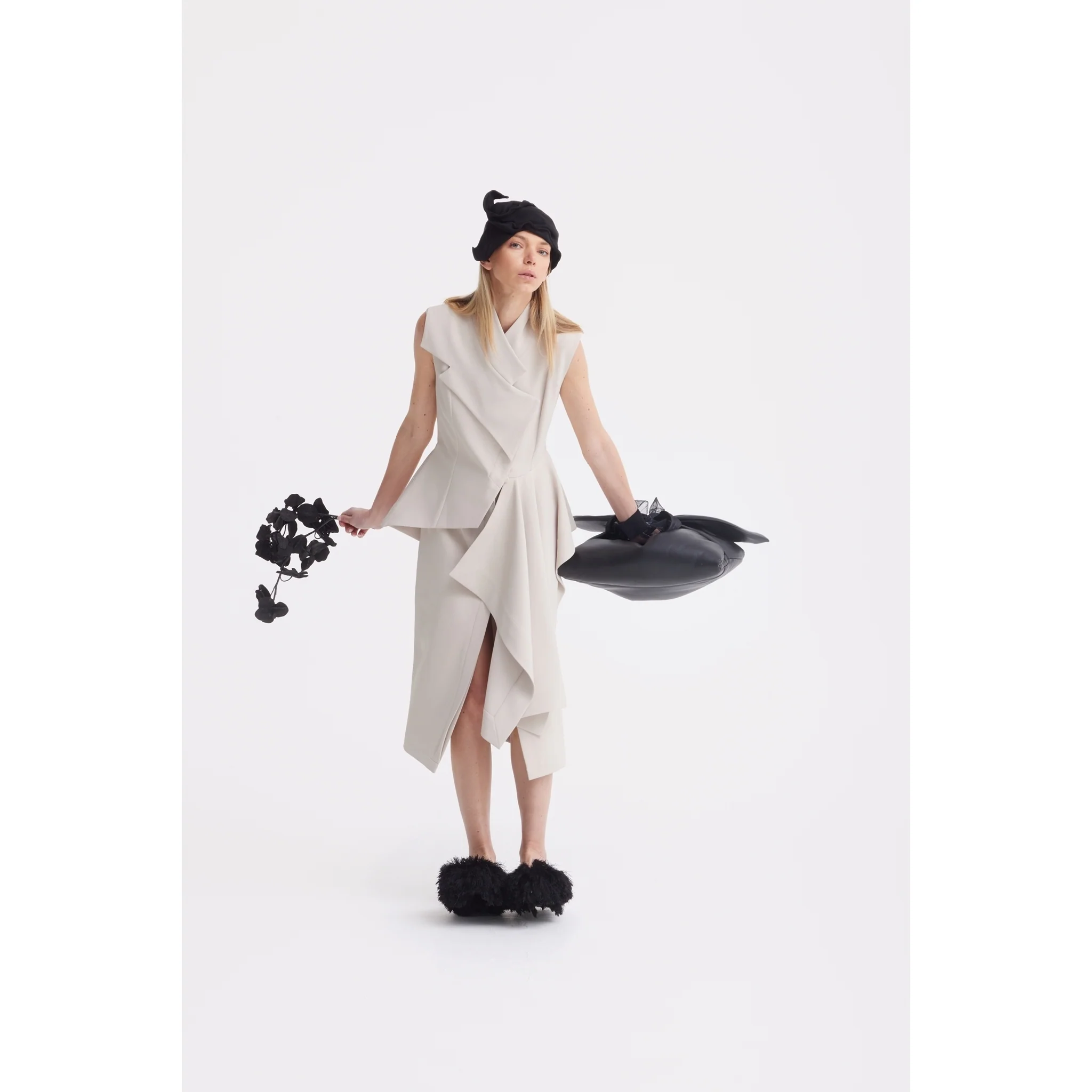 Architectural Draped Midi Dress - Beige - Image 5