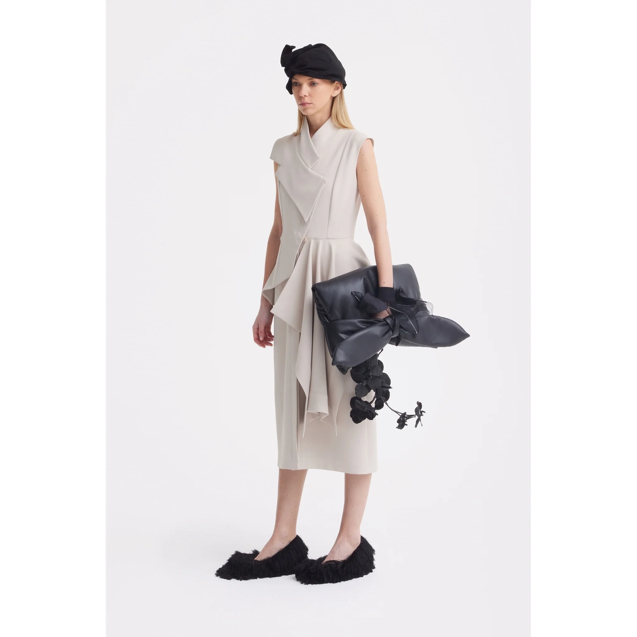 Architectural Draped Midi Dress - Beige - Image 8
