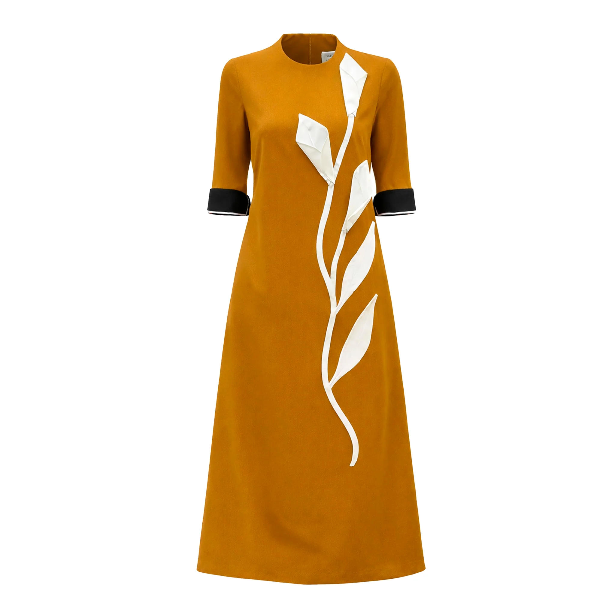 Art-Inspired Semi-Fitted Three-Quarter Sleeves Dress - Mustard