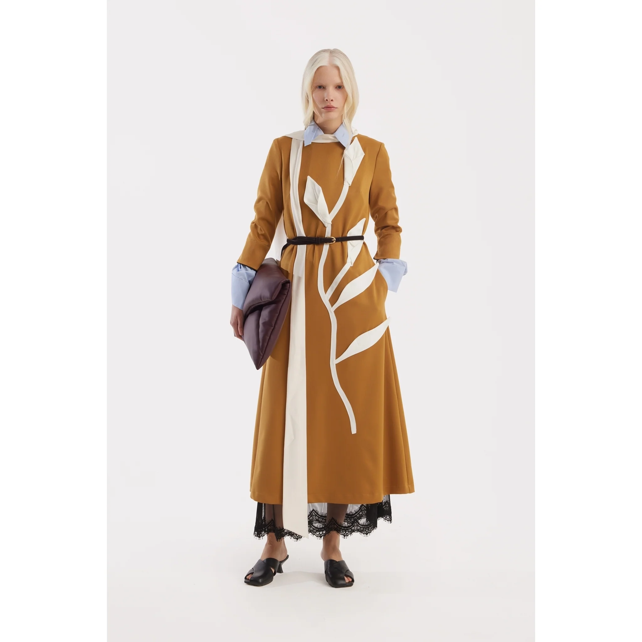 Art-Inspired Semi-Fitted Three-Quarter Sleeves Dress - Mustard - Image 2