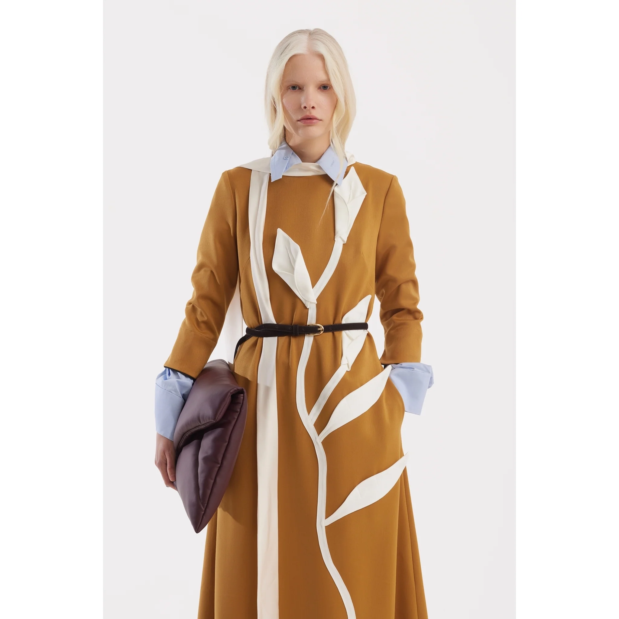 Art-Inspired Semi-Fitted Three-Quarter Sleeves Dress - Mustard - Image 3