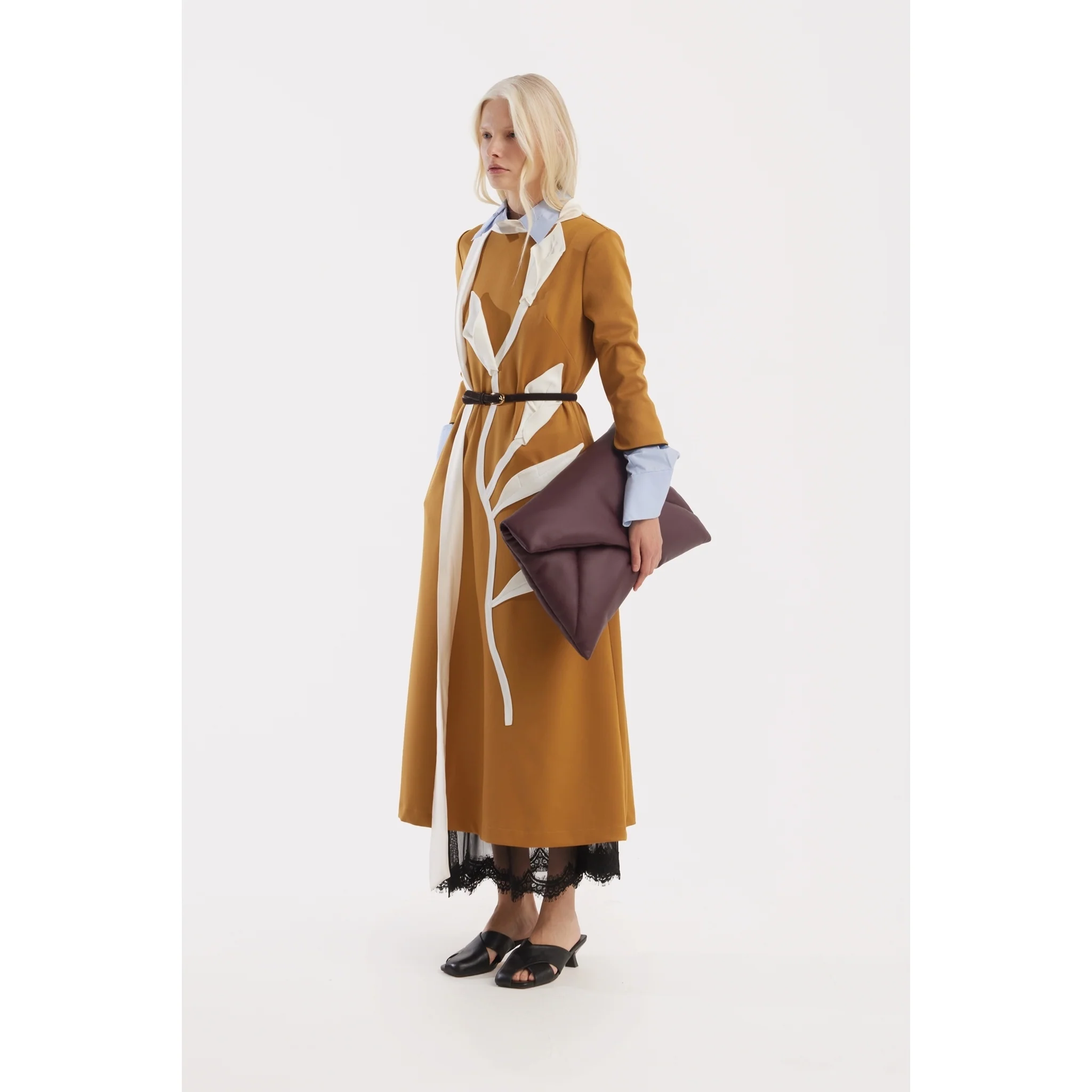 Art-Inspired Semi-Fitted Three-Quarter Sleeves Dress - Mustard - Image 4
