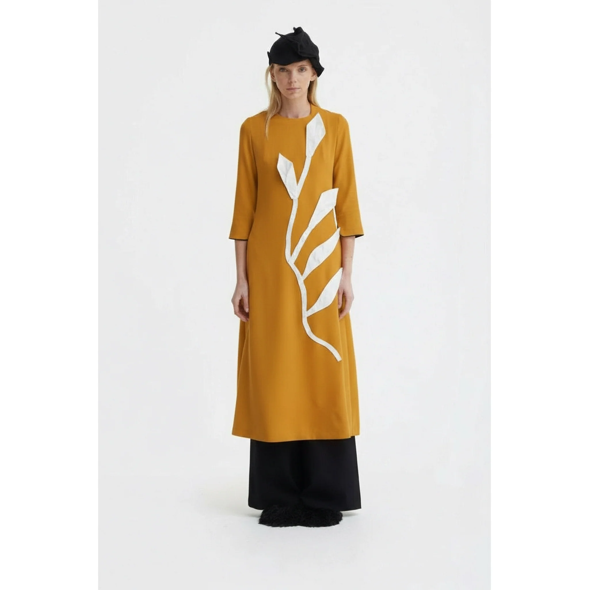 Art-Inspired Semi-Fitted Three-Quarter Sleeves Dress - Mustard - Image 5