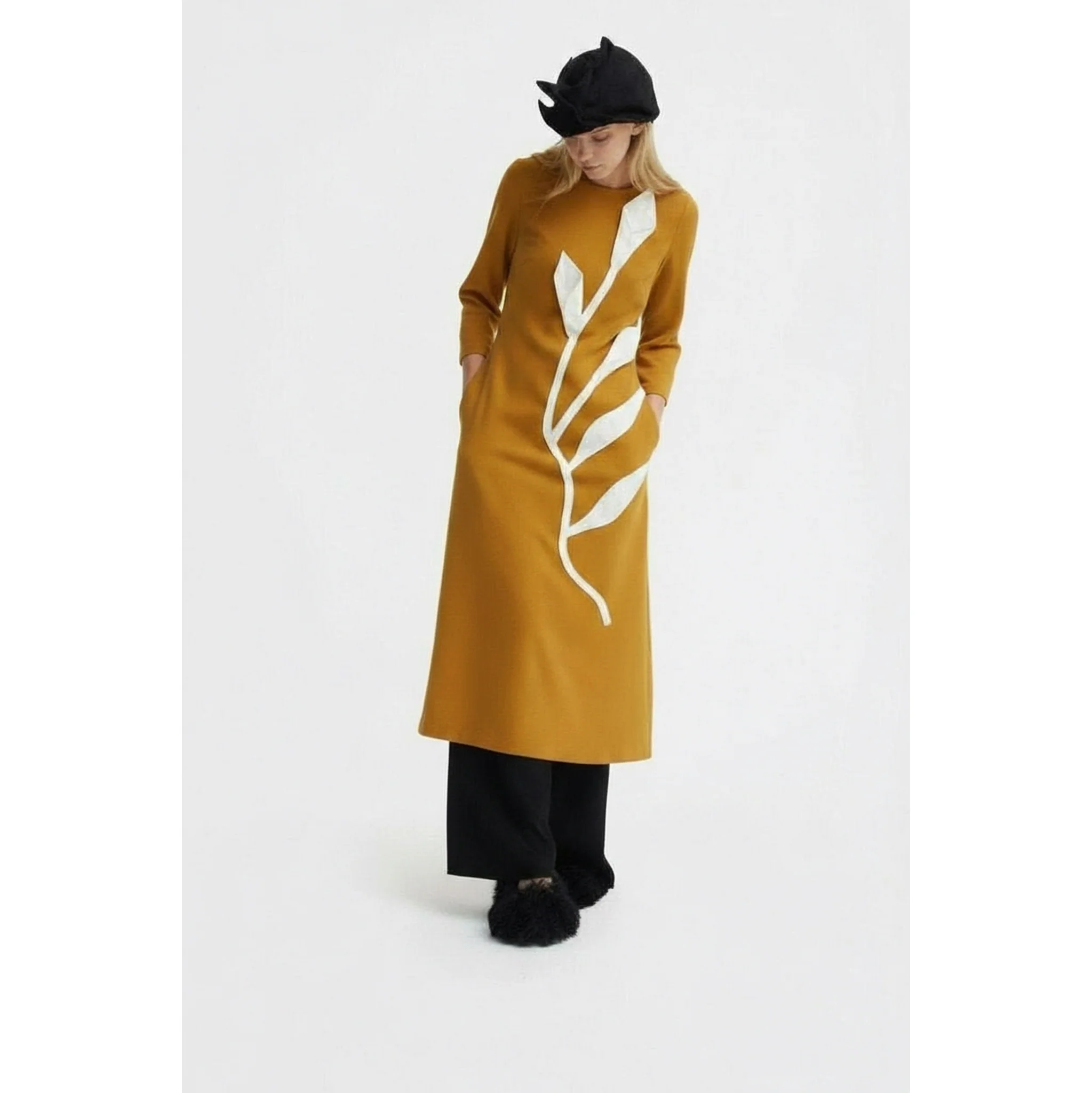 Art-Inspired Semi-Fitted Three-Quarter Sleeves Dress - Mustard - Image 6