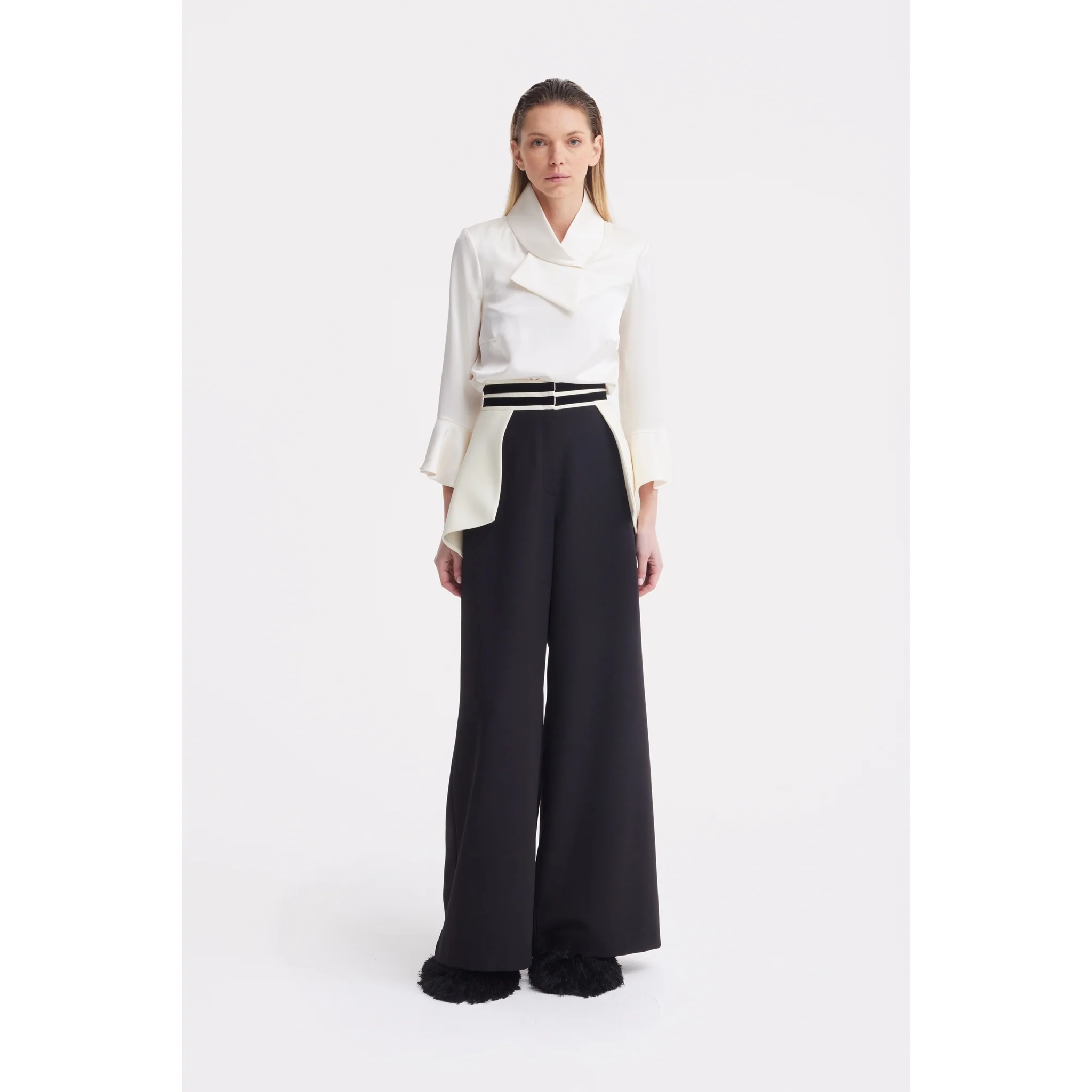 Asymmetric Collar Satin Blouse - Ivory - Image 2