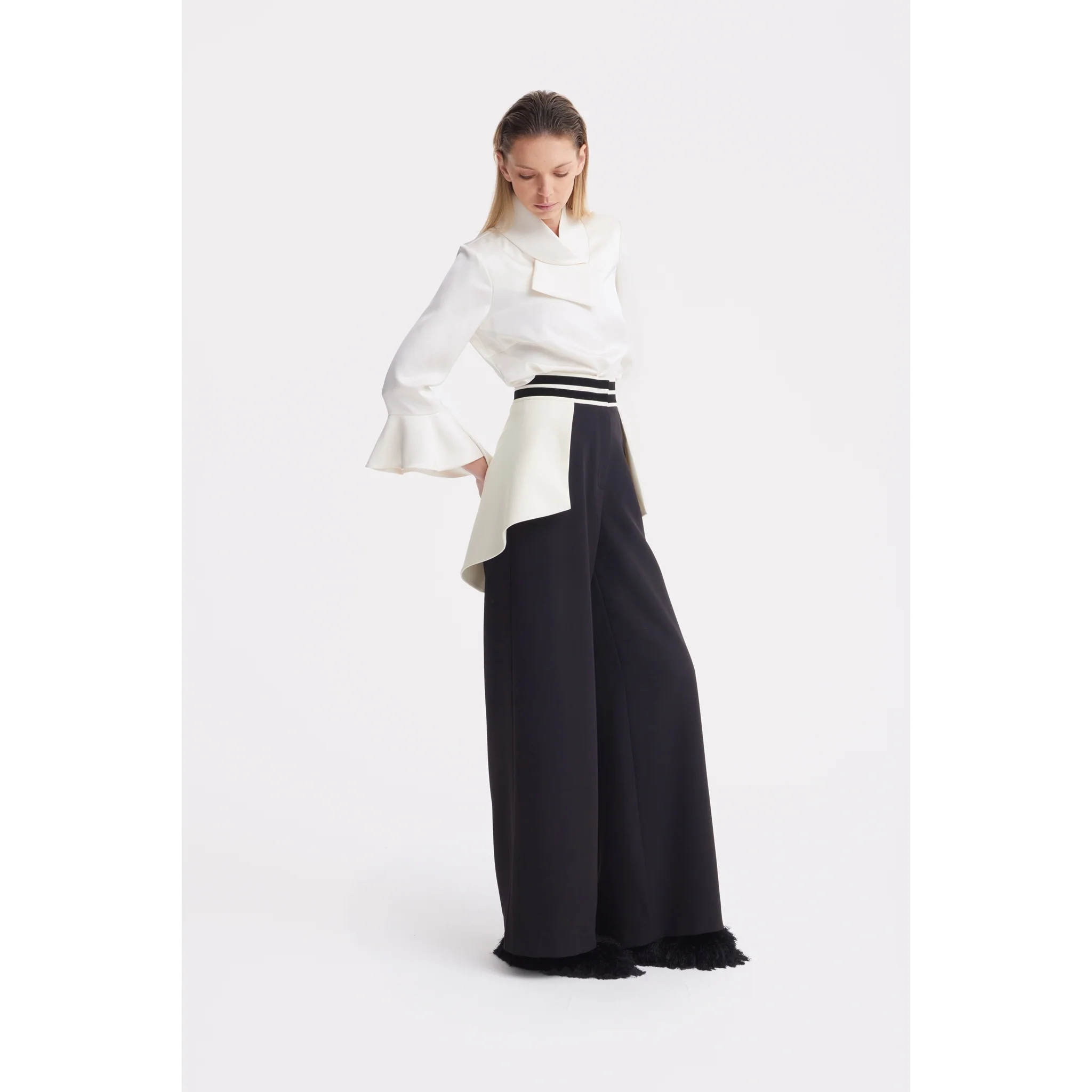 Asymmetric Collar Satin Blouse - Ivory - Image 5