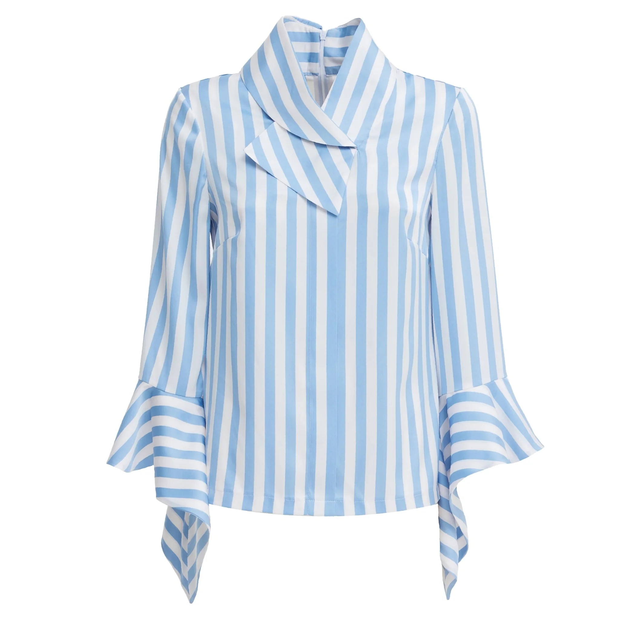 Satin Striped Blouse With Asymmetric Collar - Light Blue