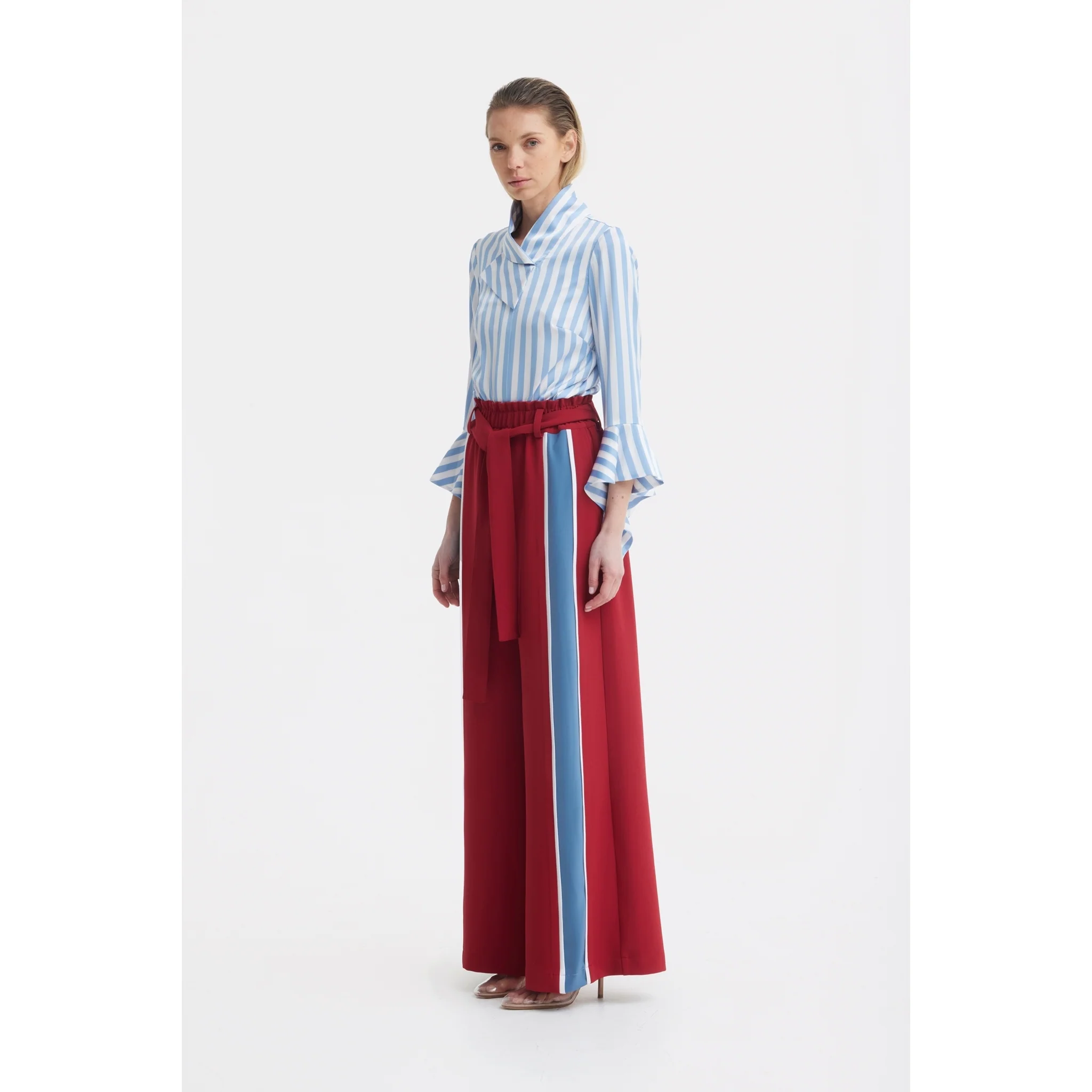 Satin Striped Blouse With Asymmetric Collar - Light Blue - Image 3