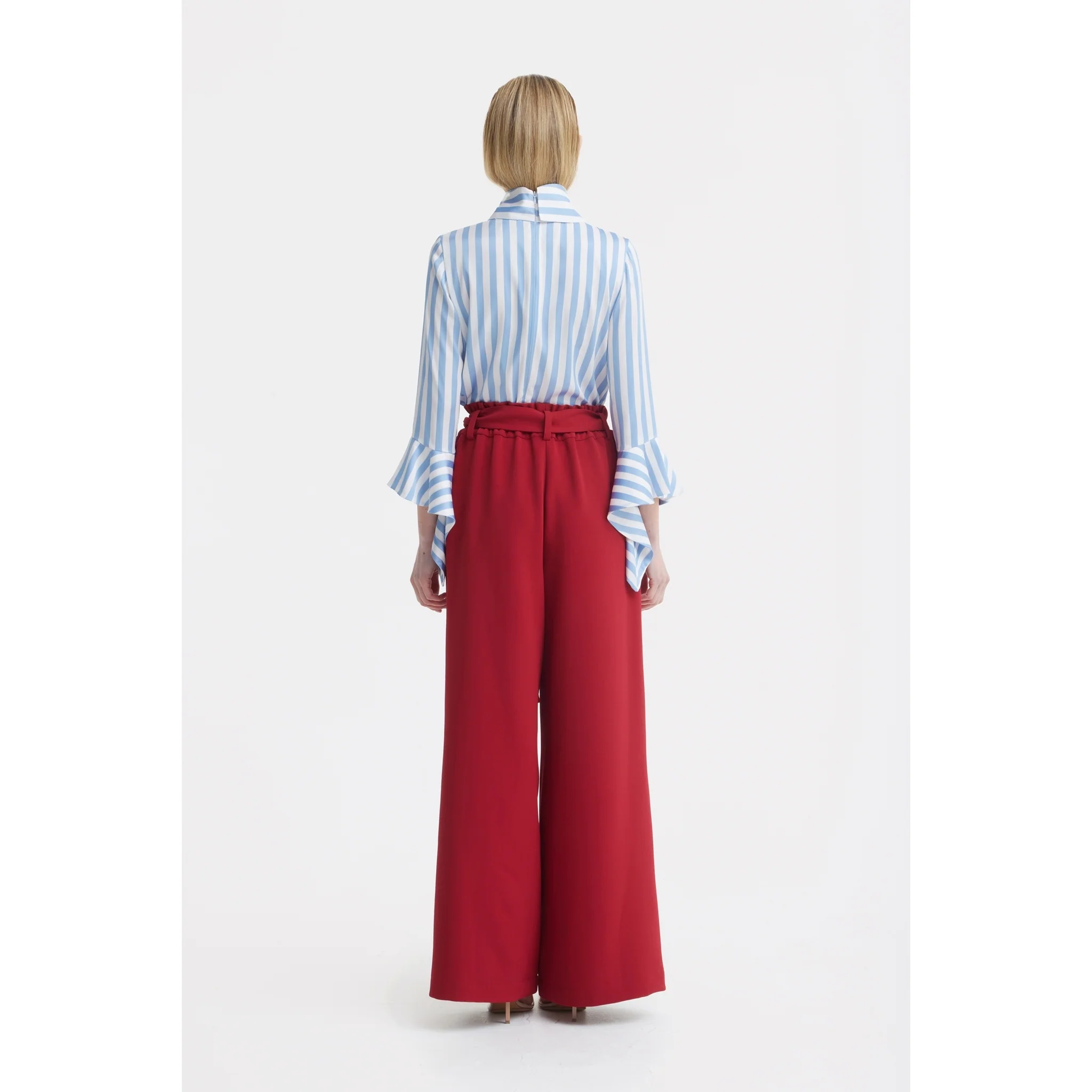 Satin Striped Blouse With Asymmetric Collar - Light Blue - Image 4