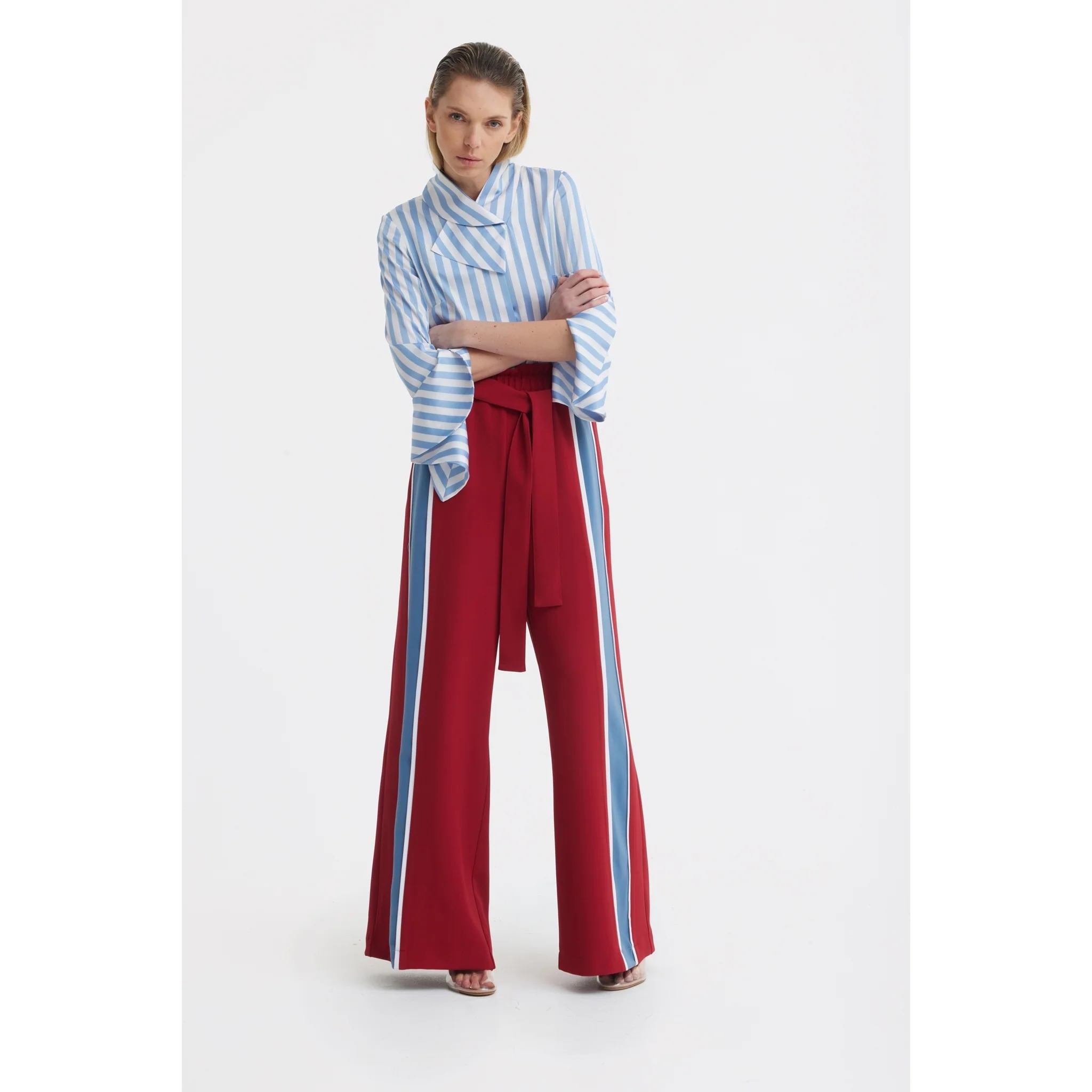 Satin Striped Blouse With Asymmetric Collar - Light Blue - Image 5