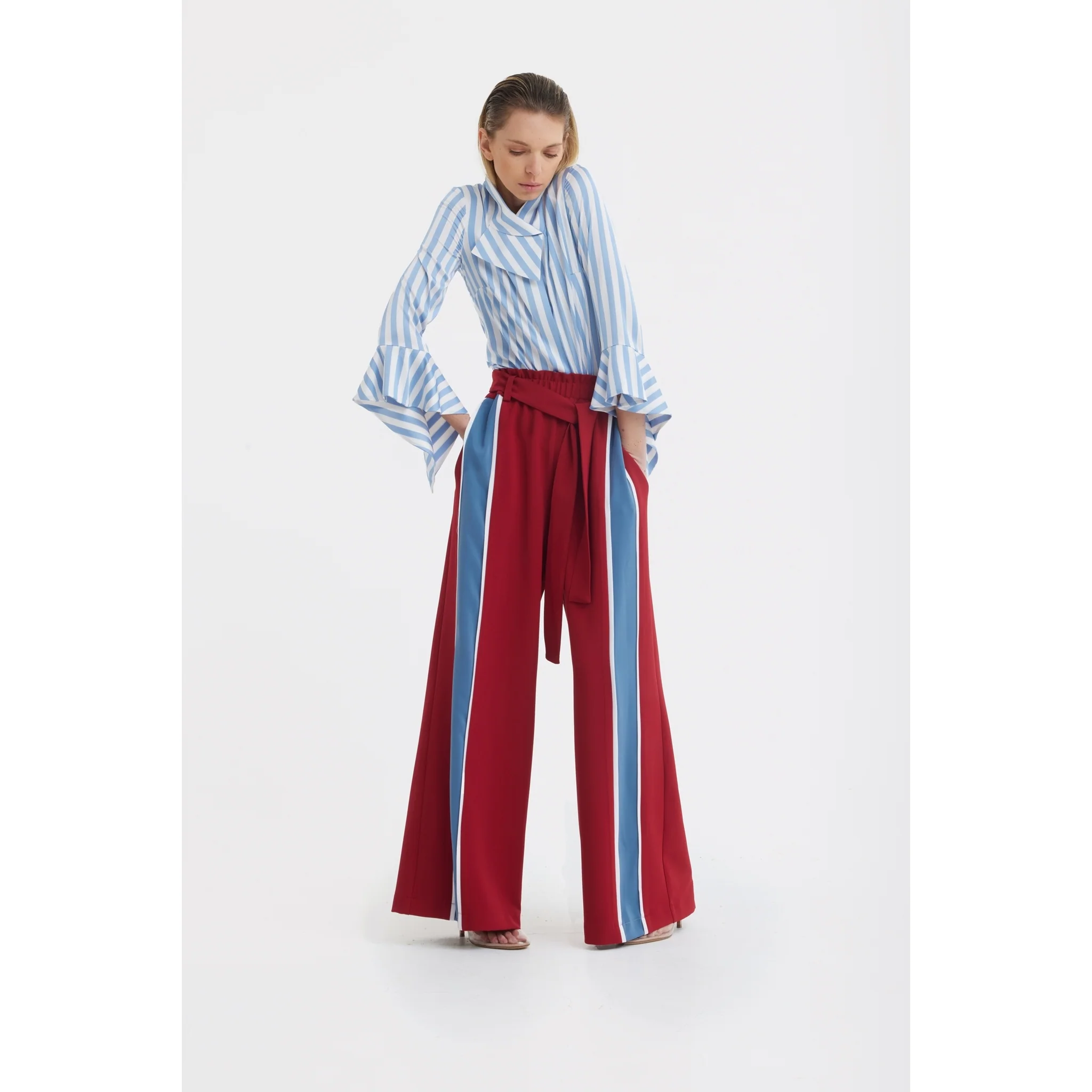 Satin Striped Blouse With Asymmetric Collar - Light Blue - Image 6