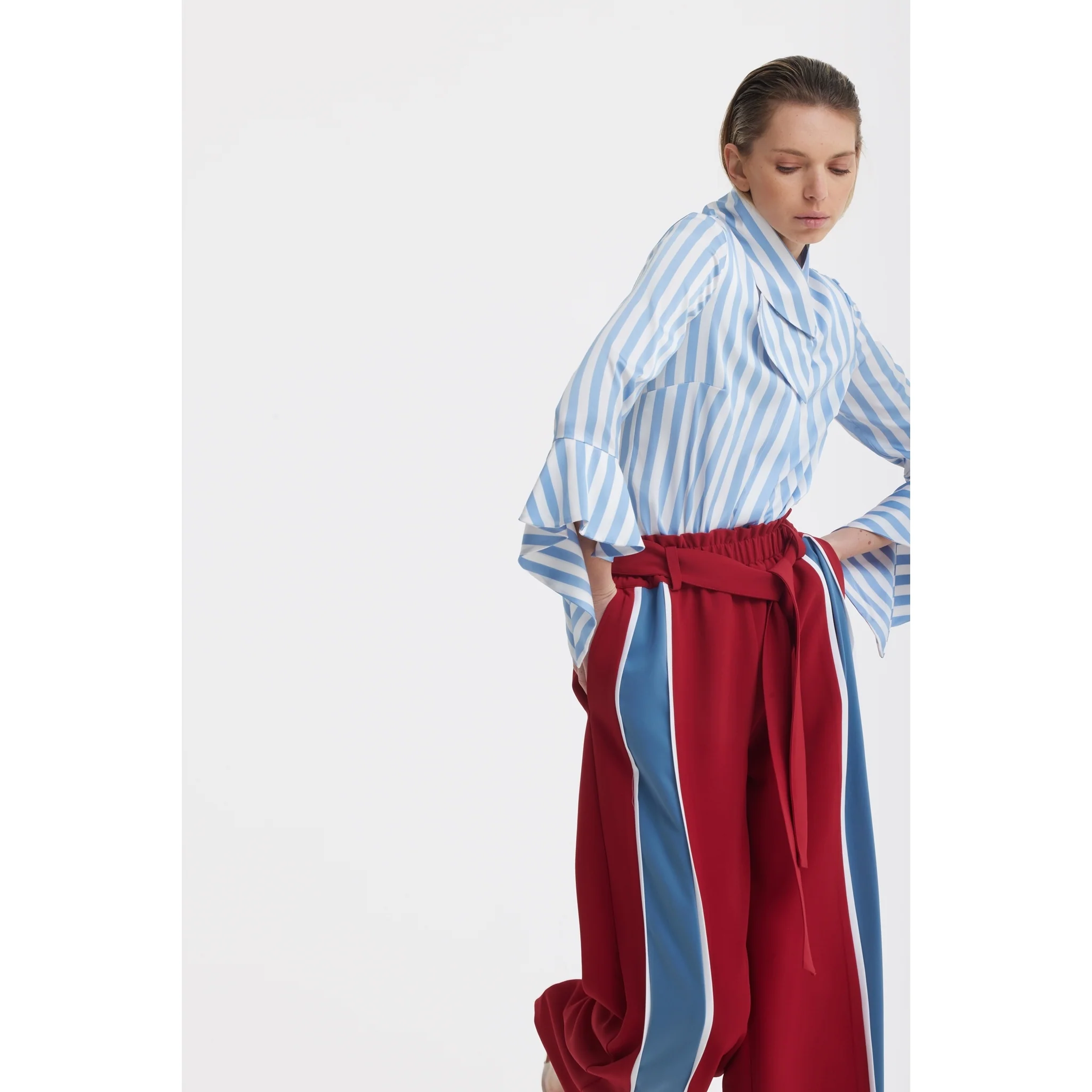 Satin Striped Blouse With Asymmetric Collar - Light Blue - Image 7