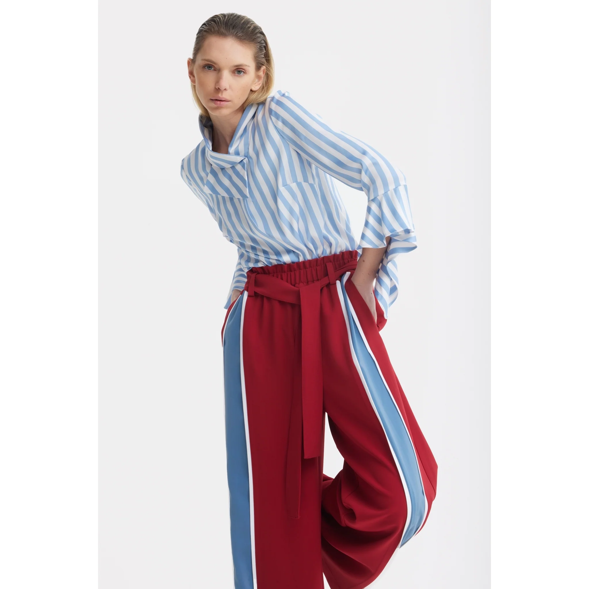 Satin Striped Blouse With Asymmetric Collar - Light Blue - Image 8
