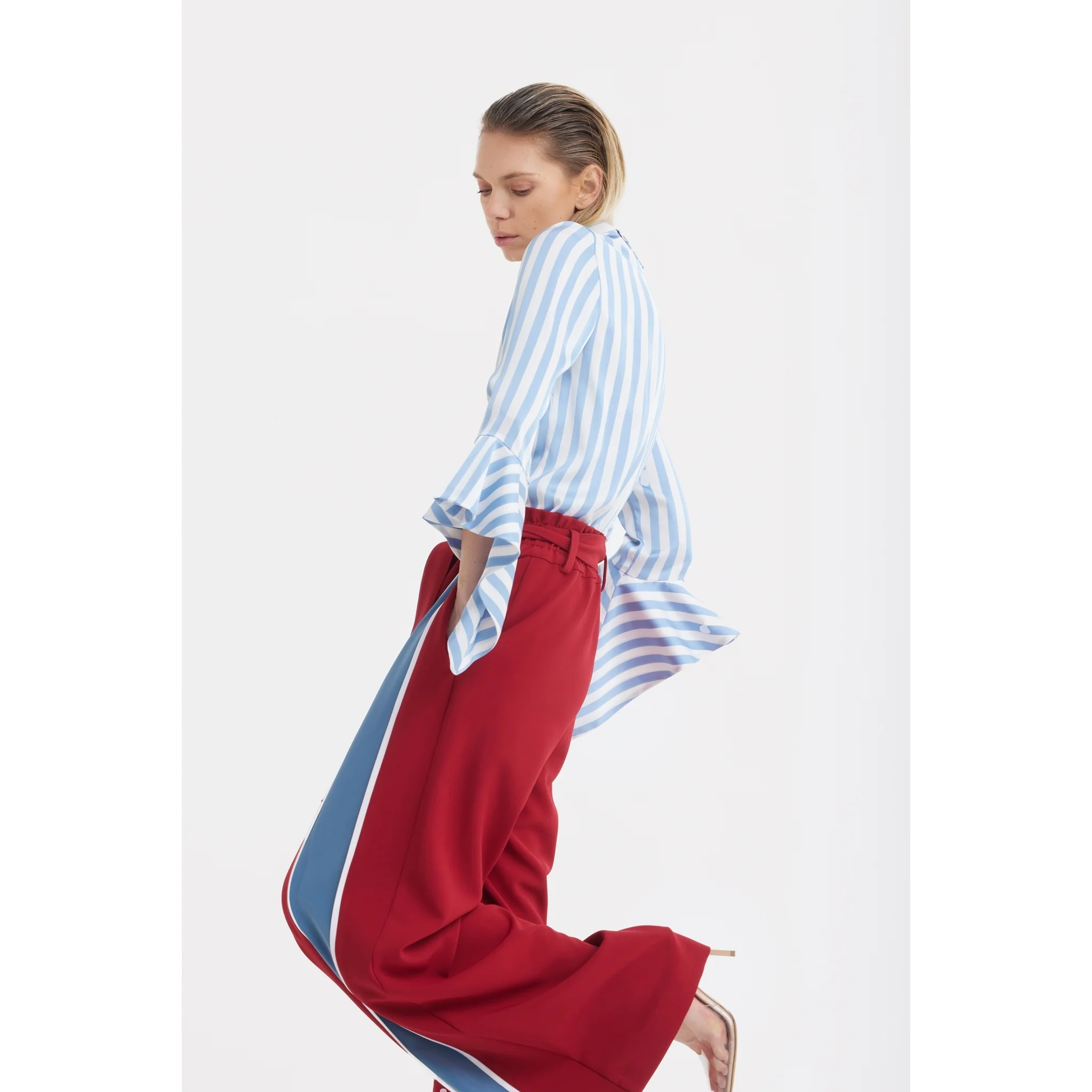 Satin Striped Blouse With Asymmetric Collar - Light Blue - Image 9