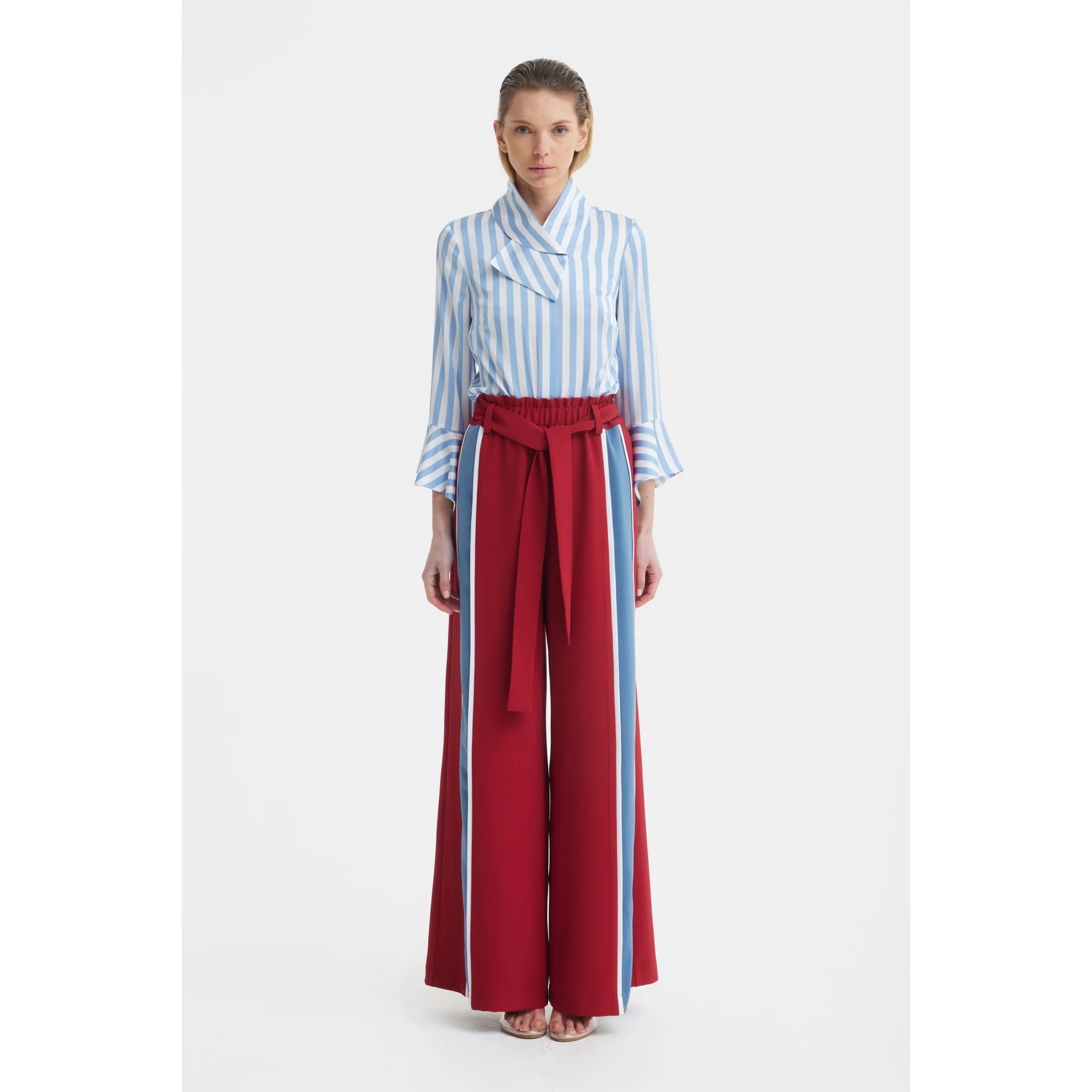 Belted High Waist Wide Leg Pants - Burgundy - Image 10