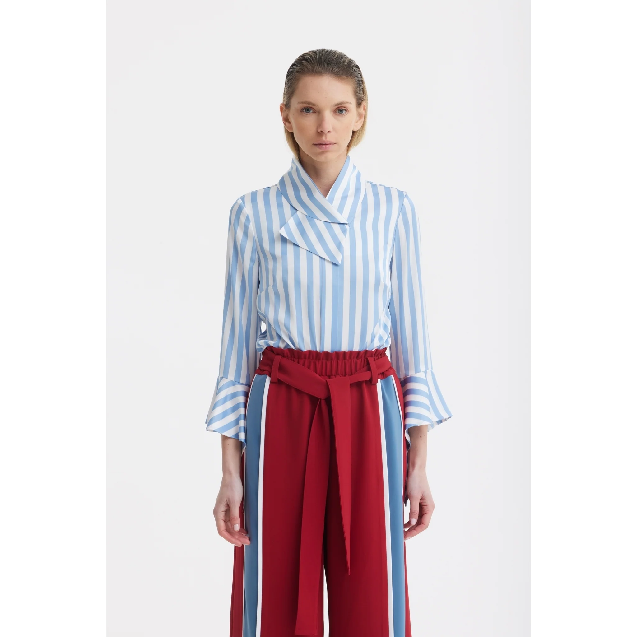 Belted High Waist Wide Leg Pants - Burgundy - Image 11