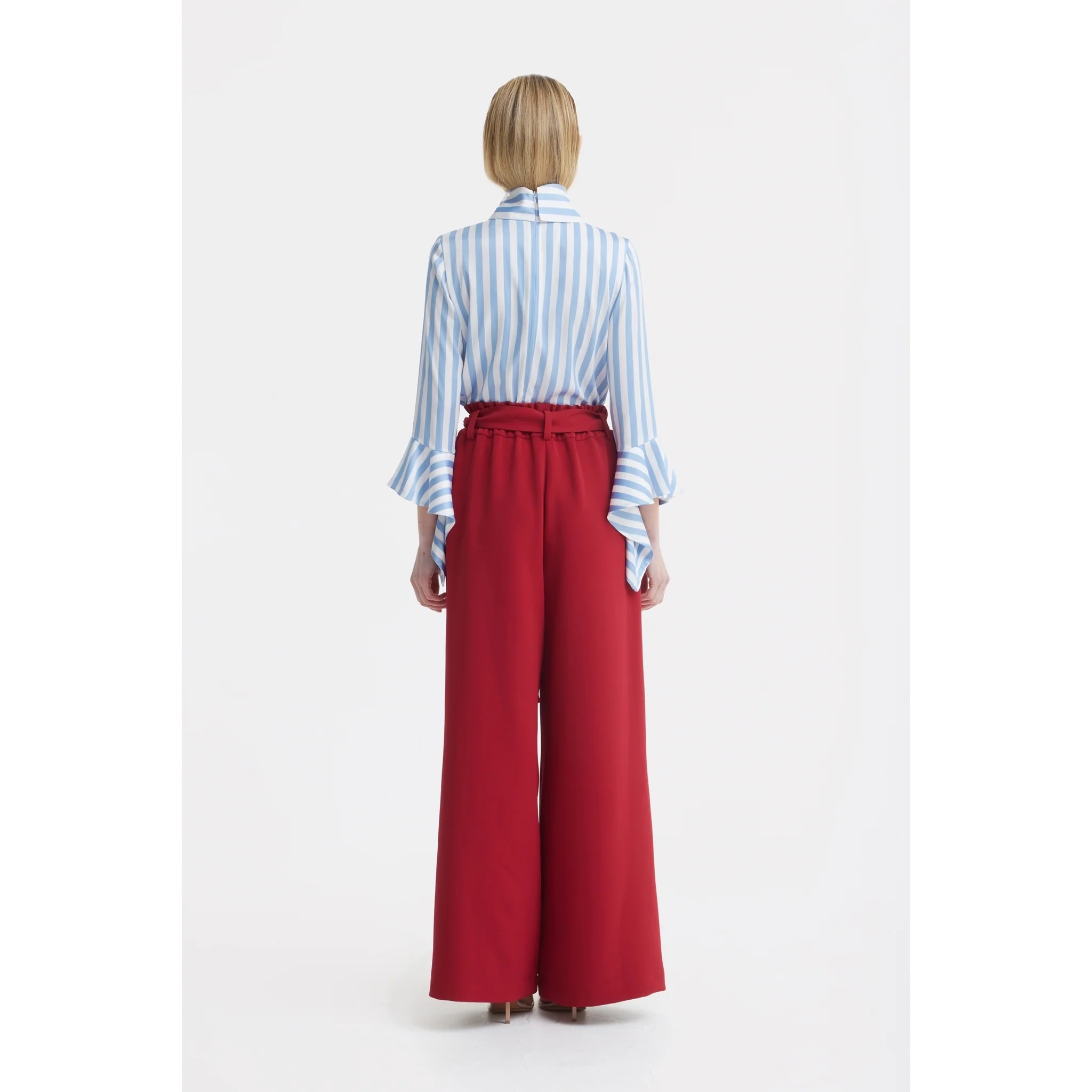 Belted High Waist Wide Leg Pants - Burgundy - Image 13
