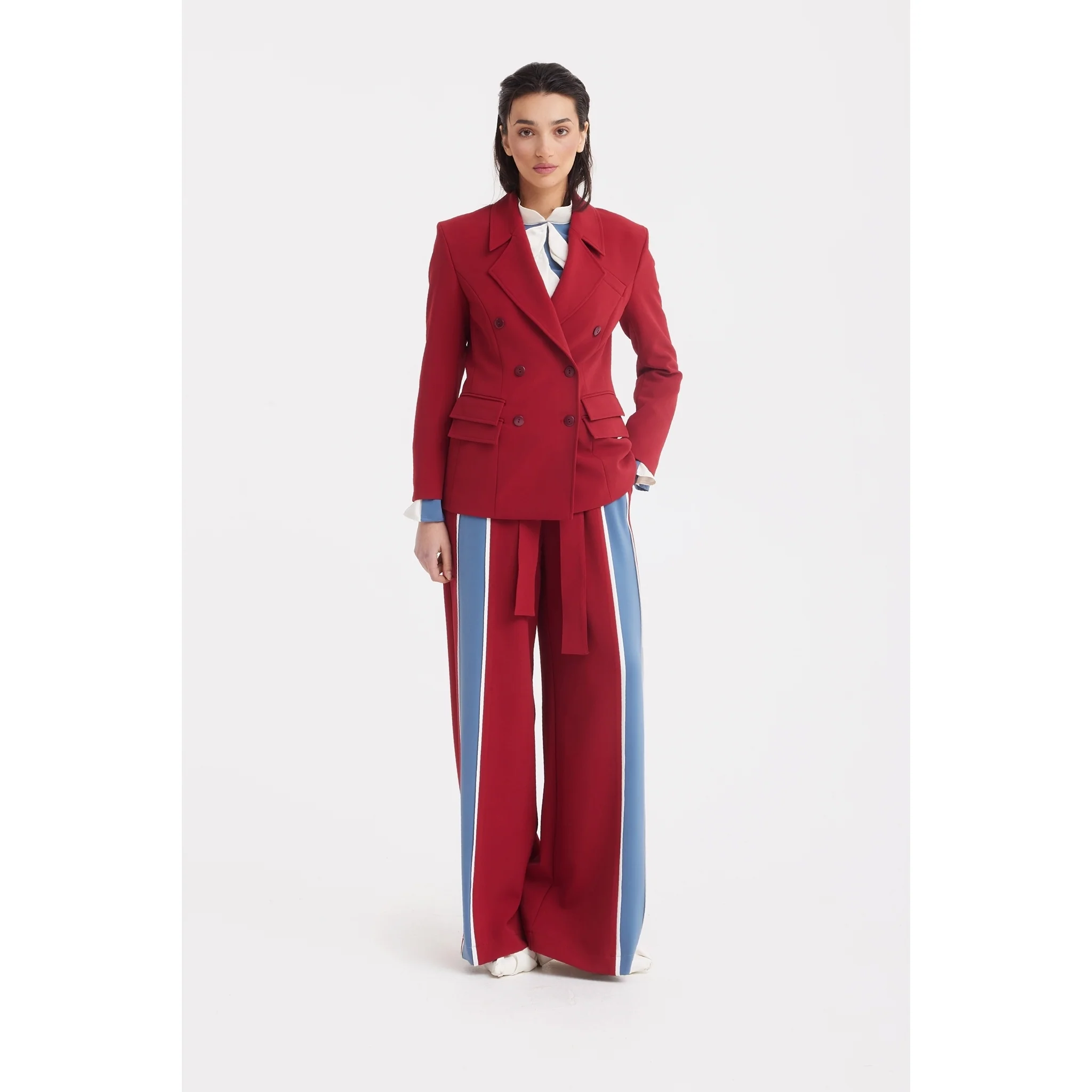 Belted High Waist Wide Leg Pants - Burgundy - Image 14