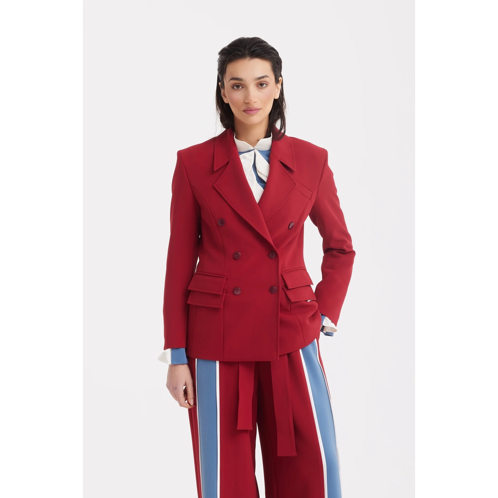 Belted High Waist Wide Leg Pants - Burgundy - Image 15