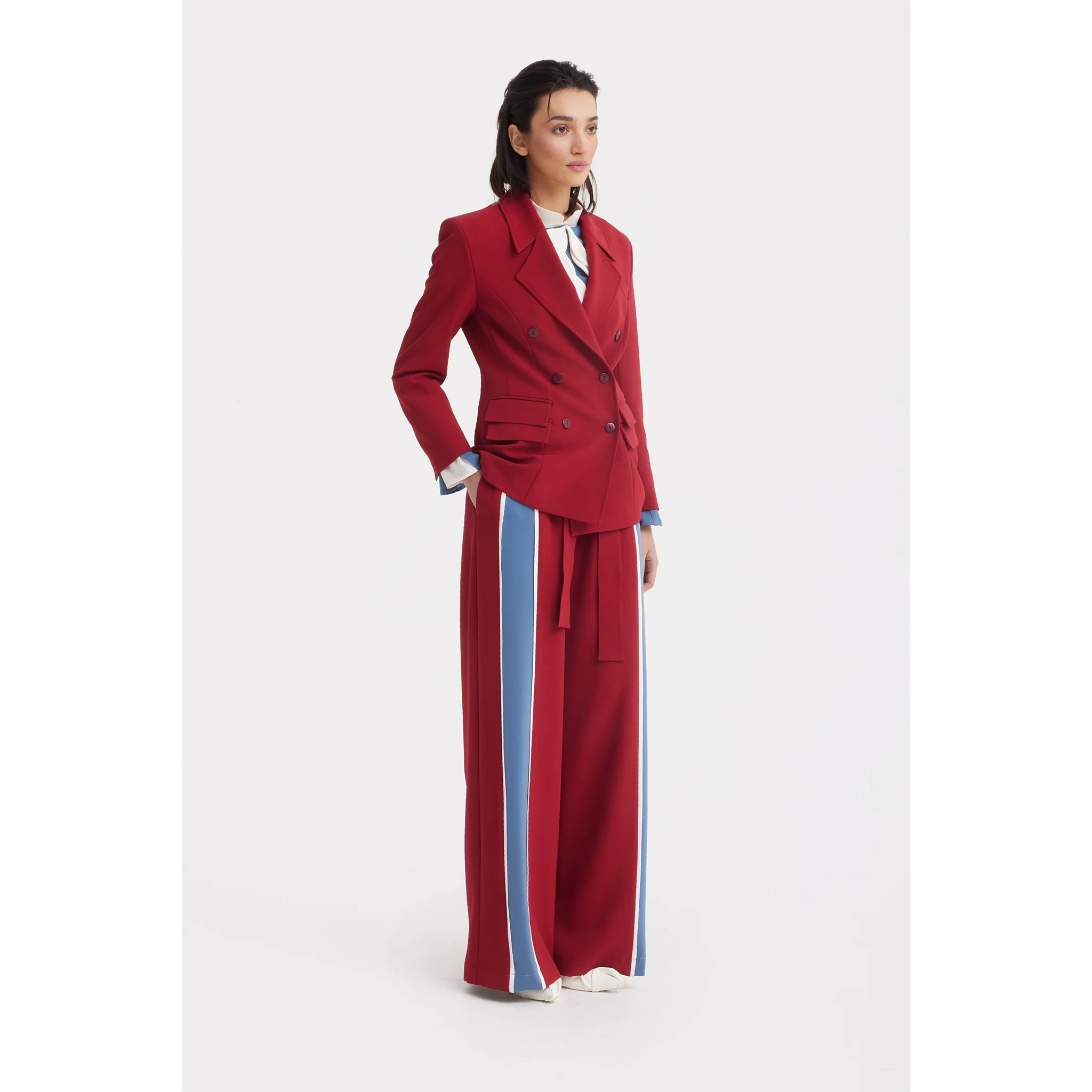 Belted High Waist Wide Leg Pants - Burgundy - Image 16