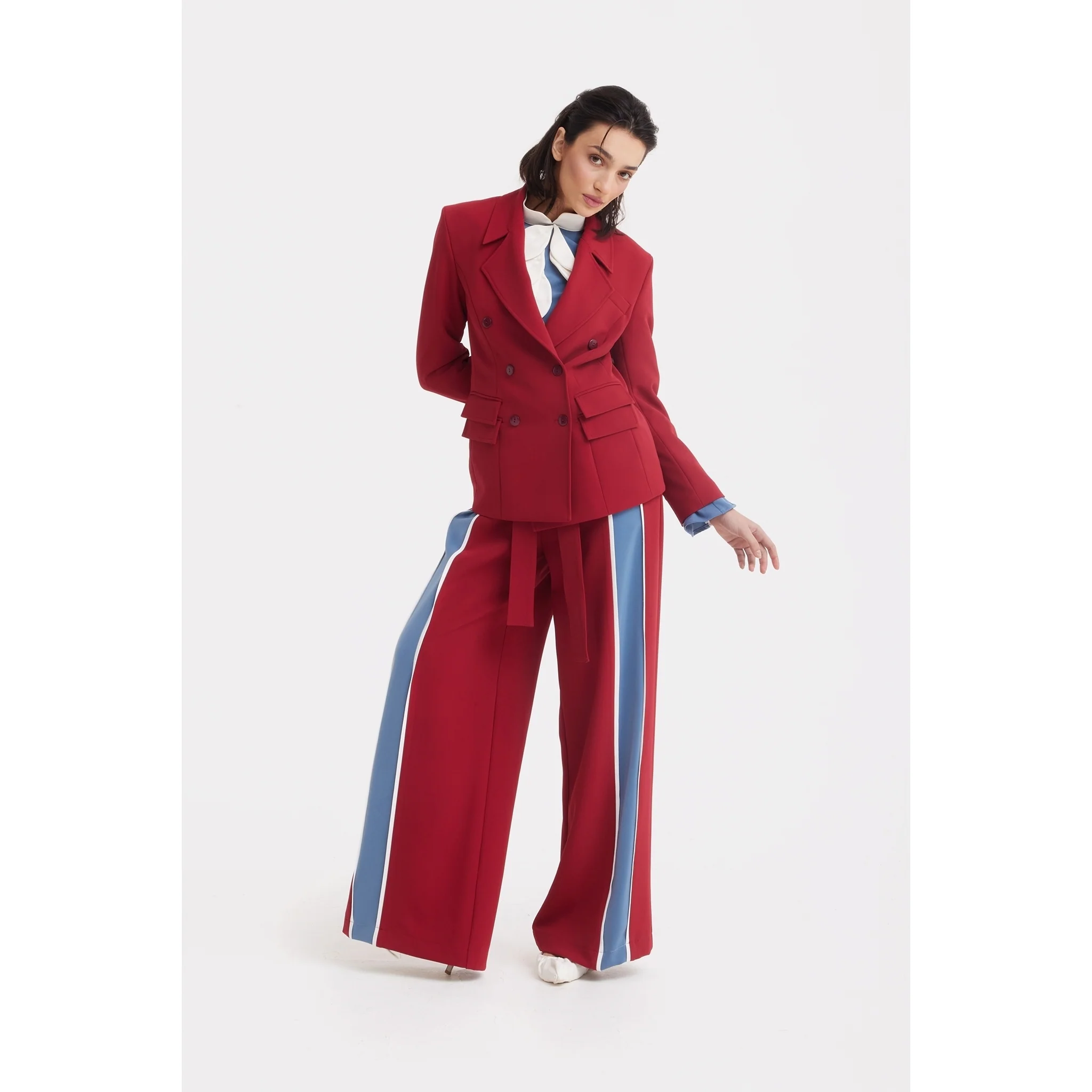 Belted High Waist Wide Leg Pants - Burgundy - Image 18