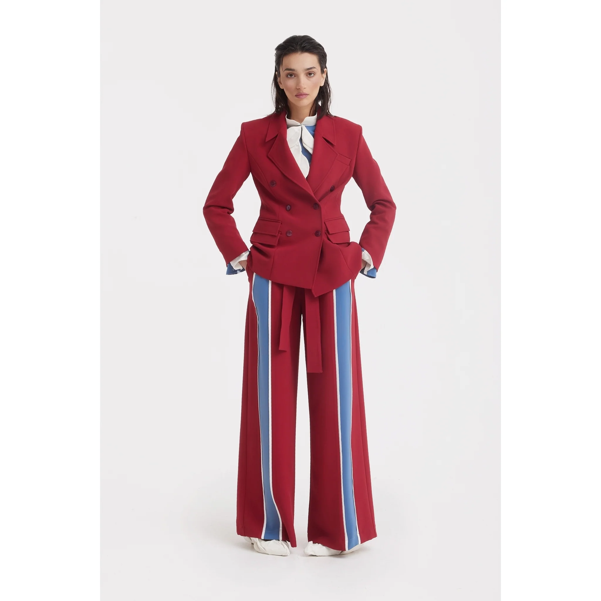 Belted High Waist Wide Leg Pants - Burgundy - Image 3