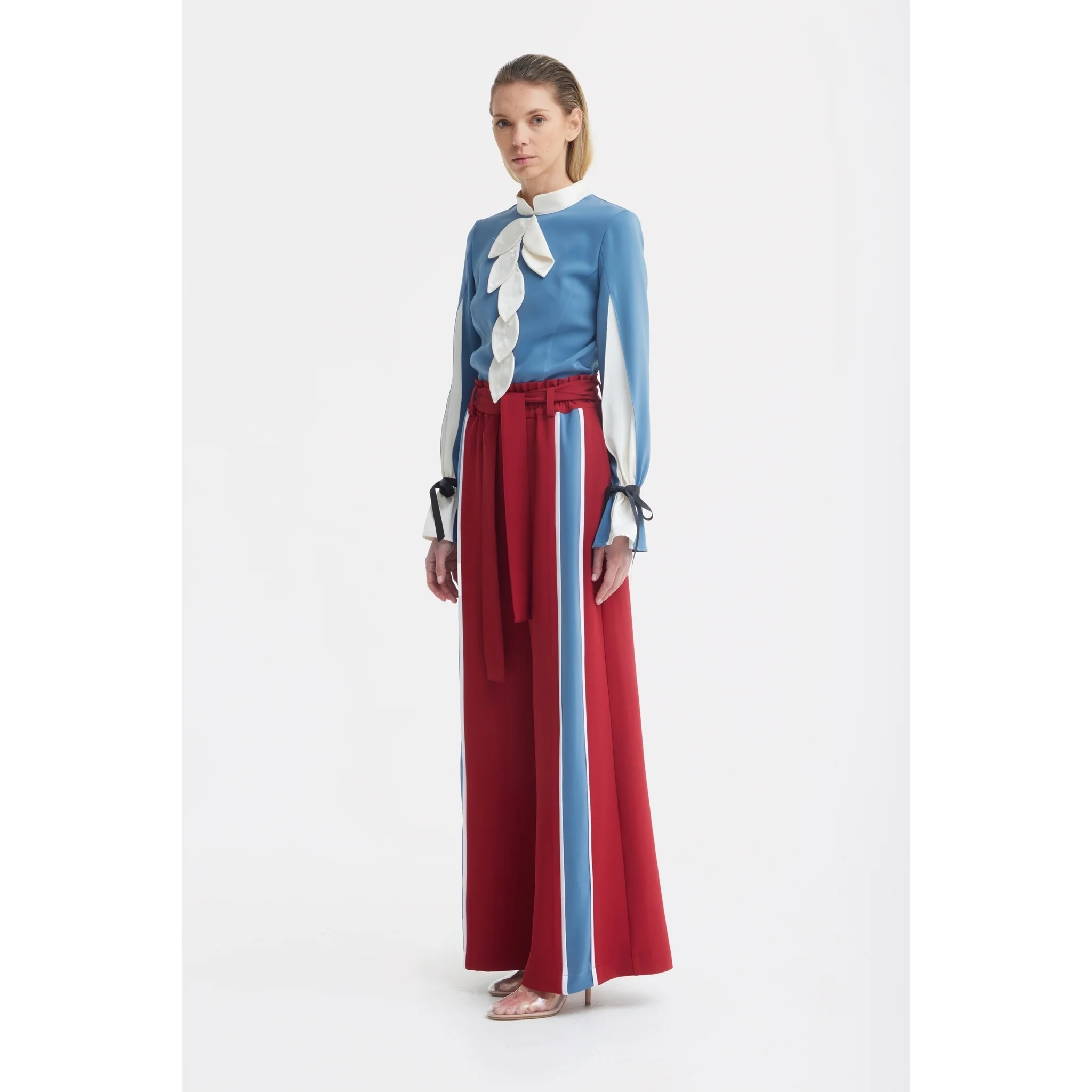 Belted High Waist Wide Leg Pants - Burgundy - Image 5