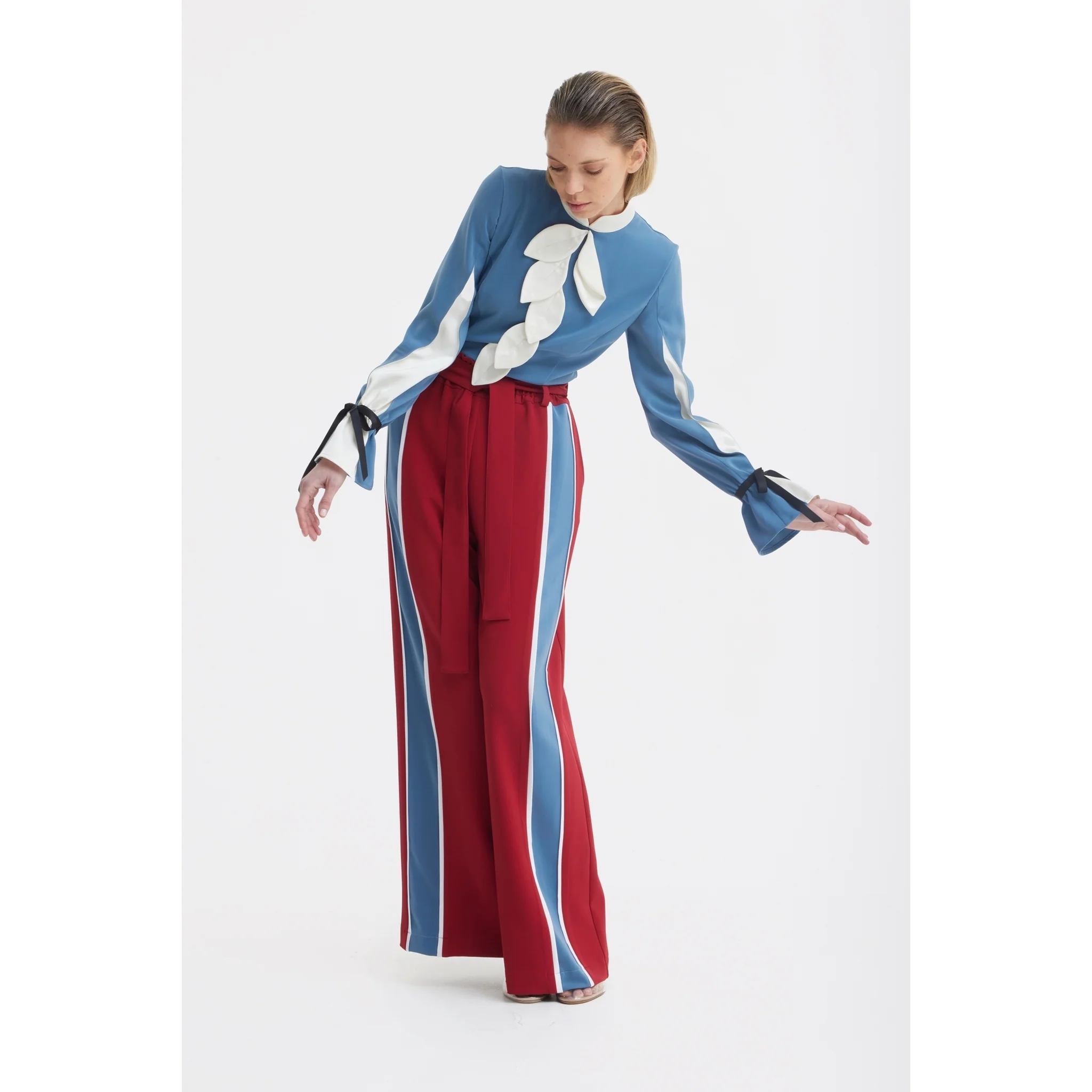 Belted High Waist Wide Leg Pants - Burgundy - Image 8