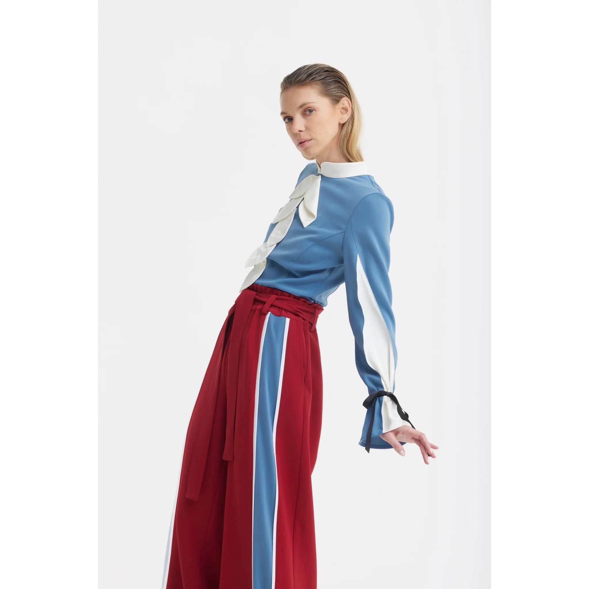 Belted High Waist Wide Leg Pants - Burgundy - Image 9