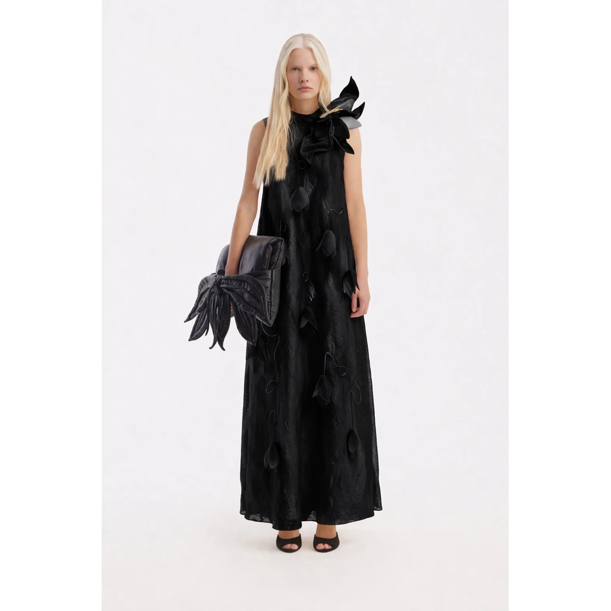 Black A-Line Flower Maxi Dress - Couture Gown - Image 2
