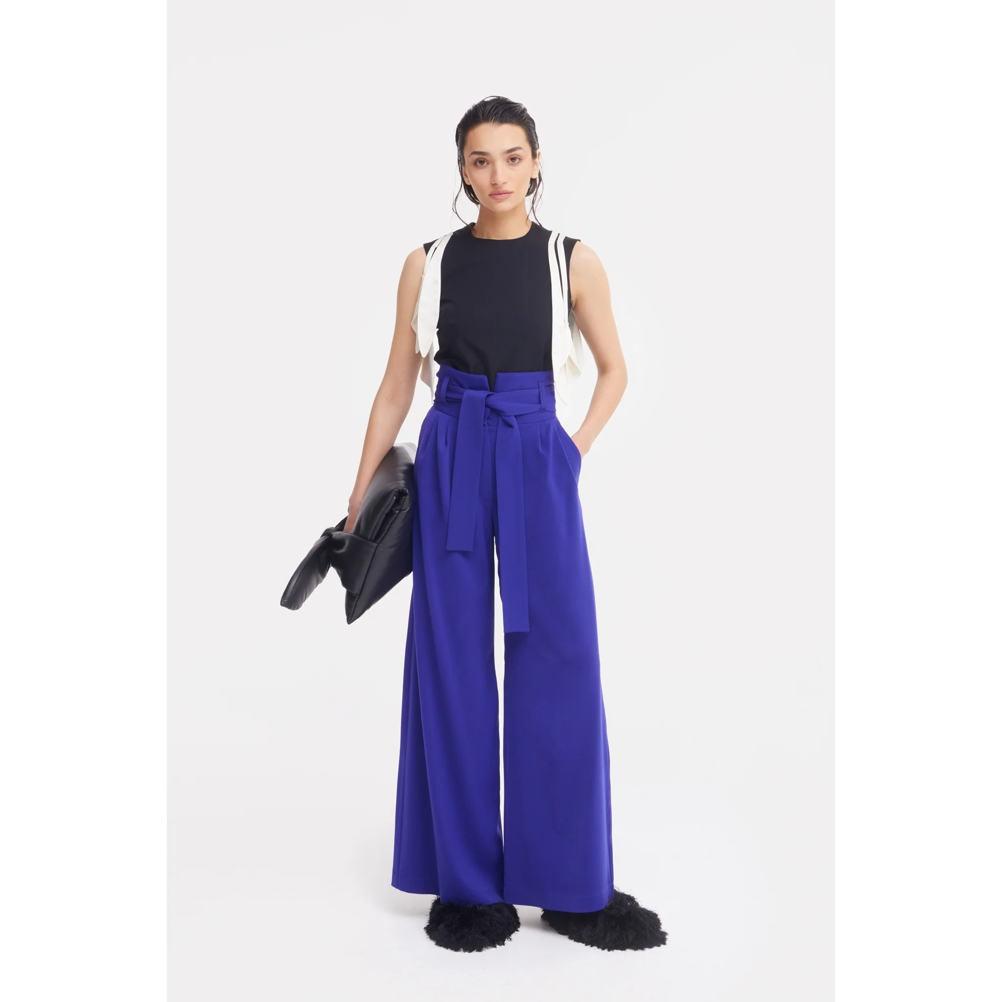 Blue High Waist Long Wide Leg Trousers - Image 2