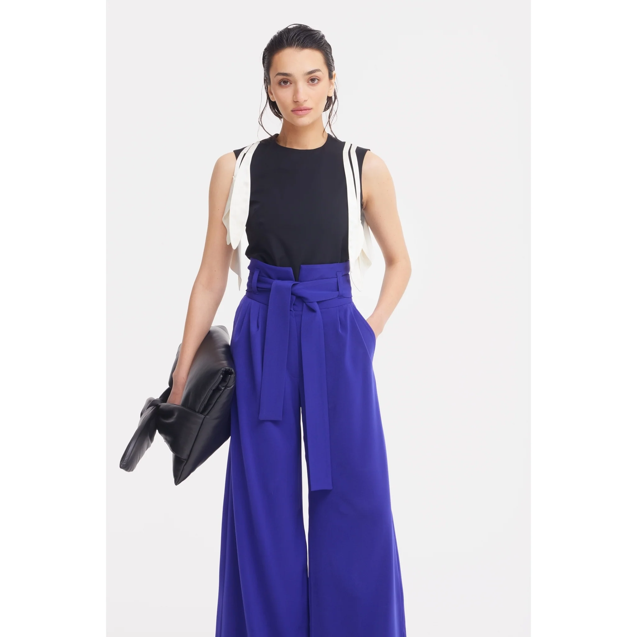 Blue High Waist Long Wide Leg Trousers - Image 3
