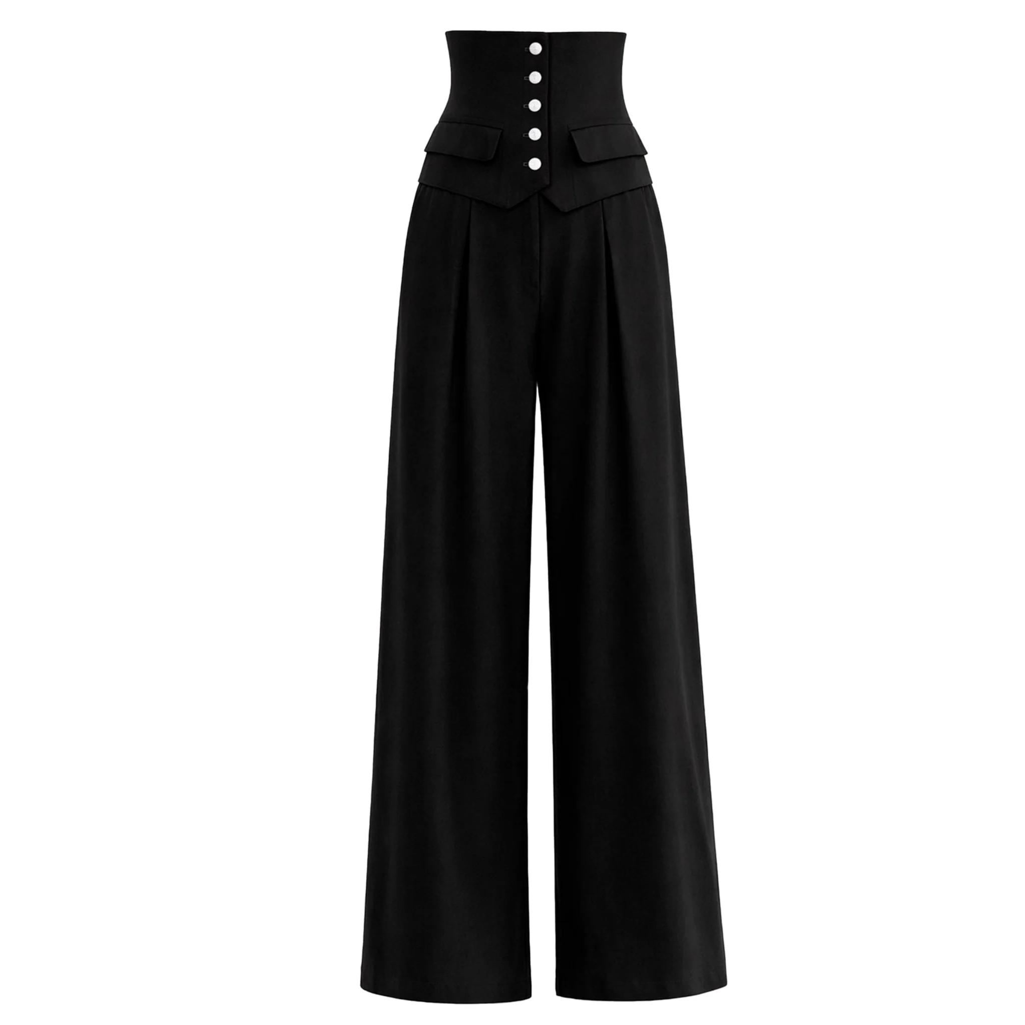 Buttoned Corset-Waist Black Tailored Trousers