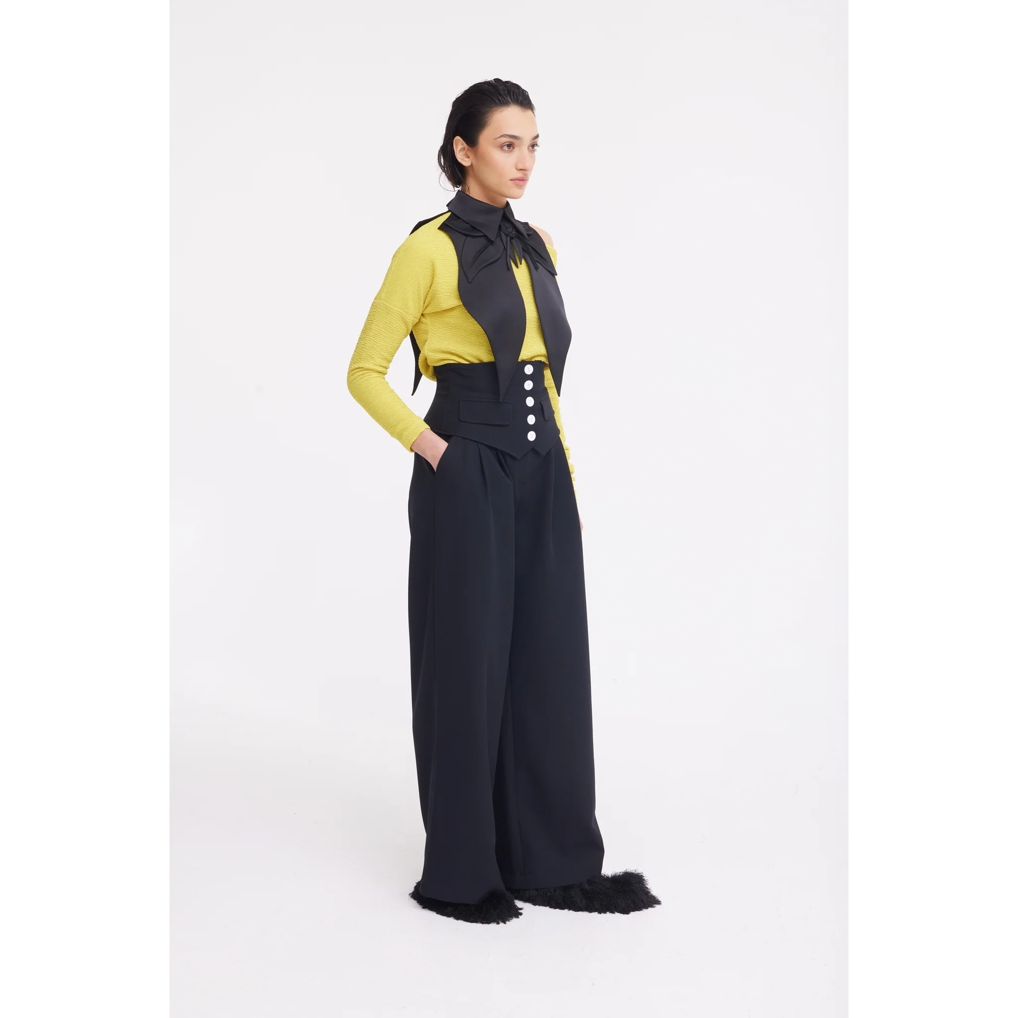 Buttoned Corset-Waist Black Tailored Trousers - Image 18