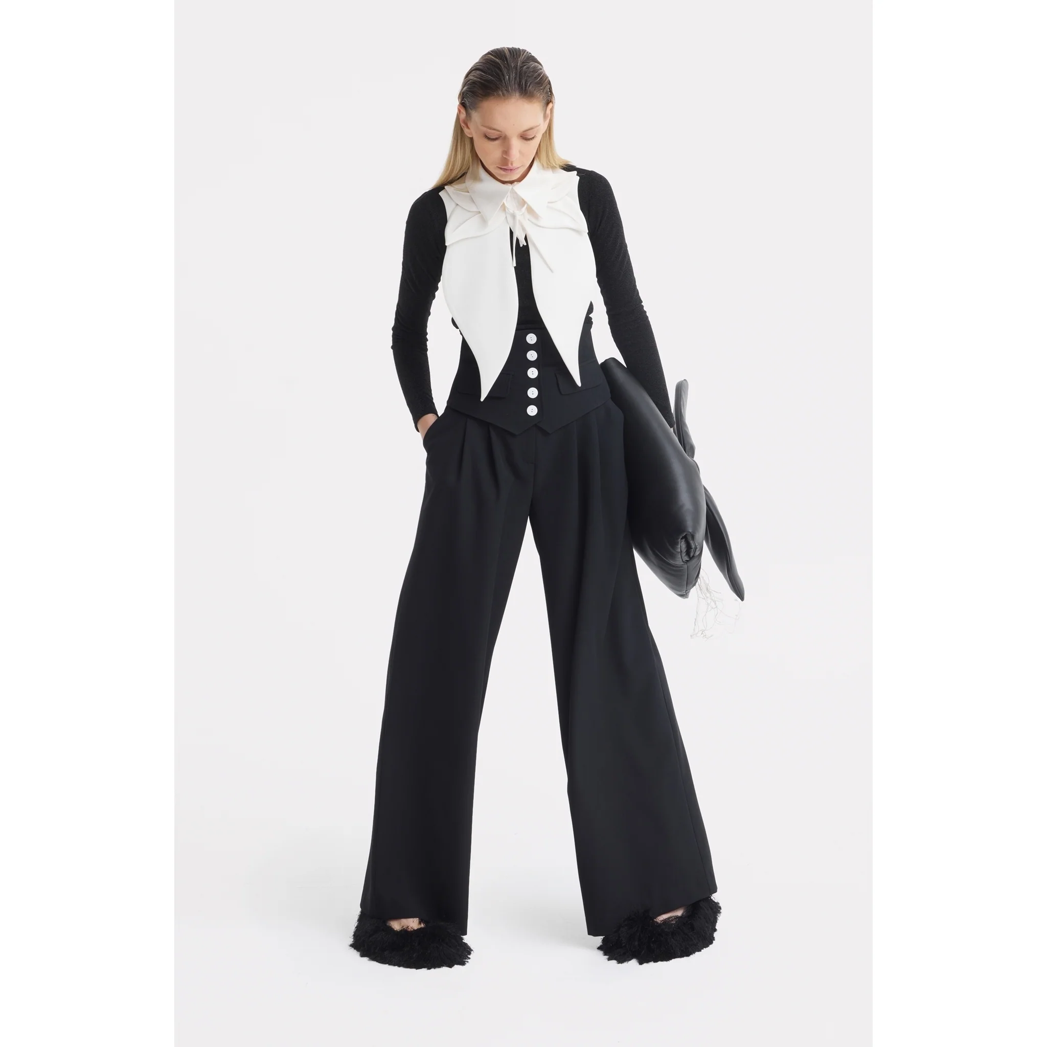 Buttoned Corset-Waist Black Tailored Trousers - Image 28