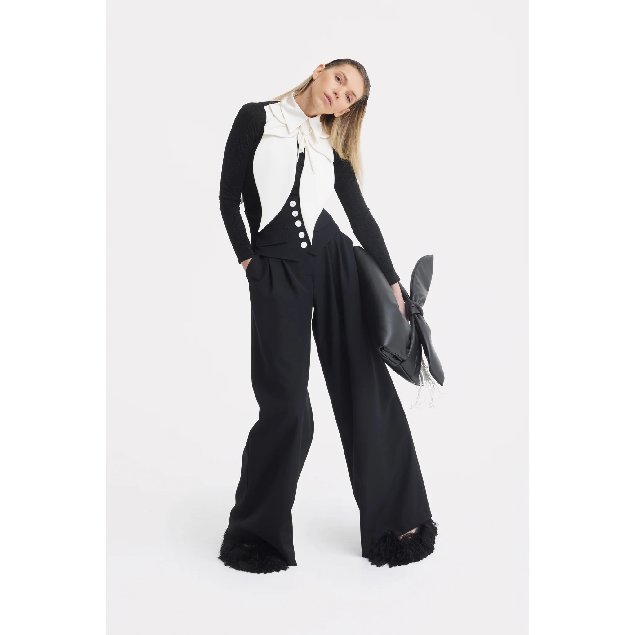 Buttoned Corset-Waist Black Tailored Trousers - Image 29