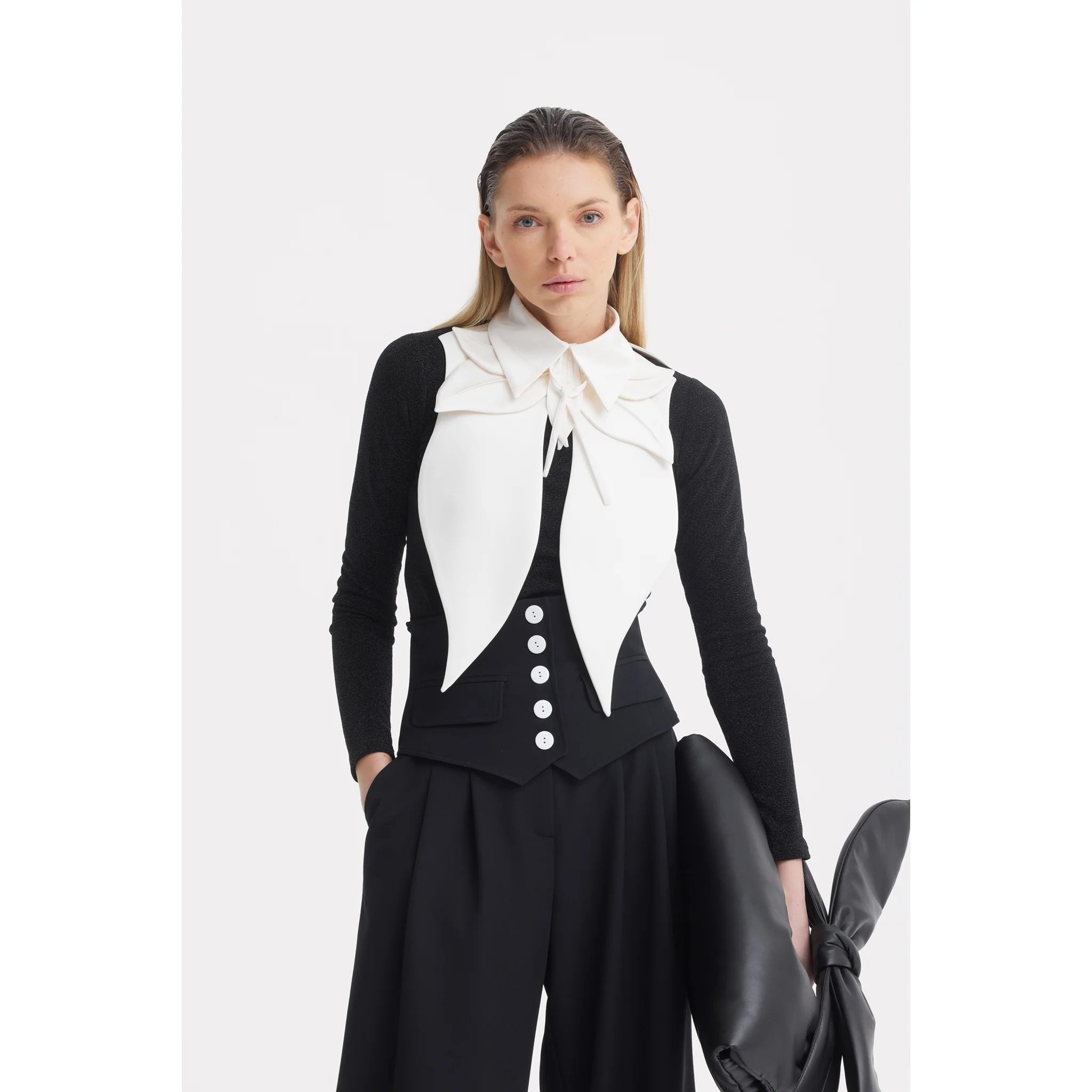 Buttoned Corset-Waist Black Tailored Trousers - Image 30