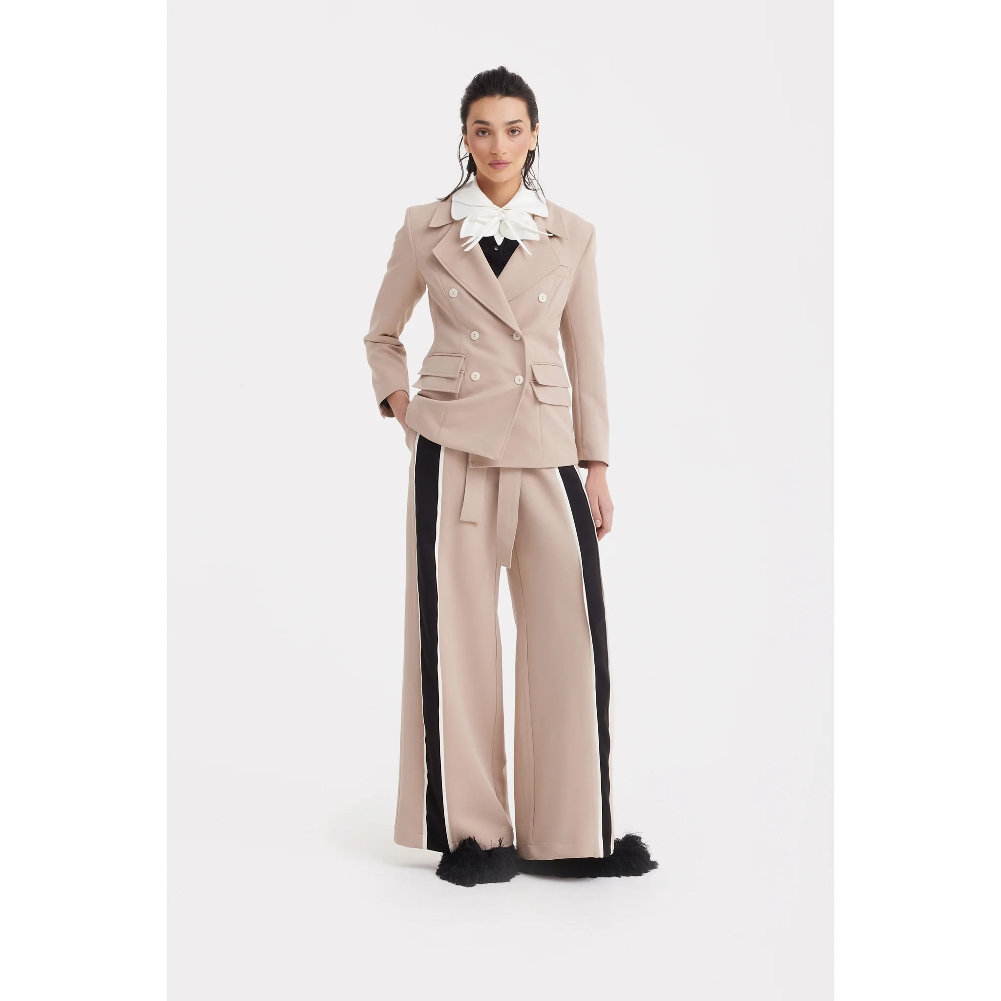 Classic Tailored Double-Breasted Blazer - Beige - Image 2