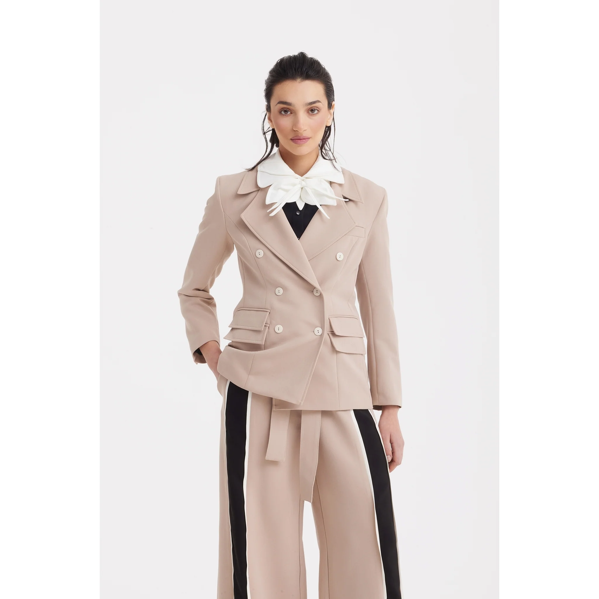 Classic Tailored Double-Breasted Blazer - Beige - Image 3