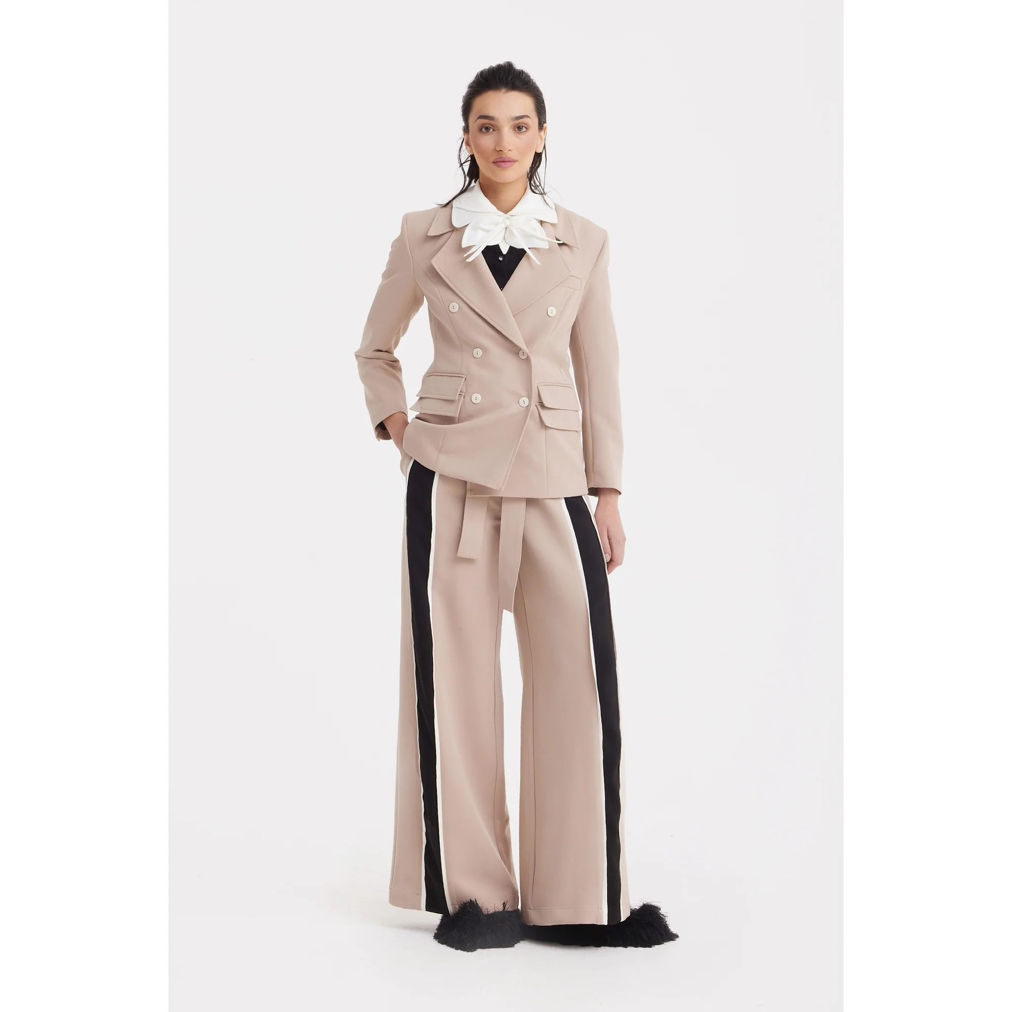 Classic Tailored Double-Breasted Blazer - Beige - Image 4