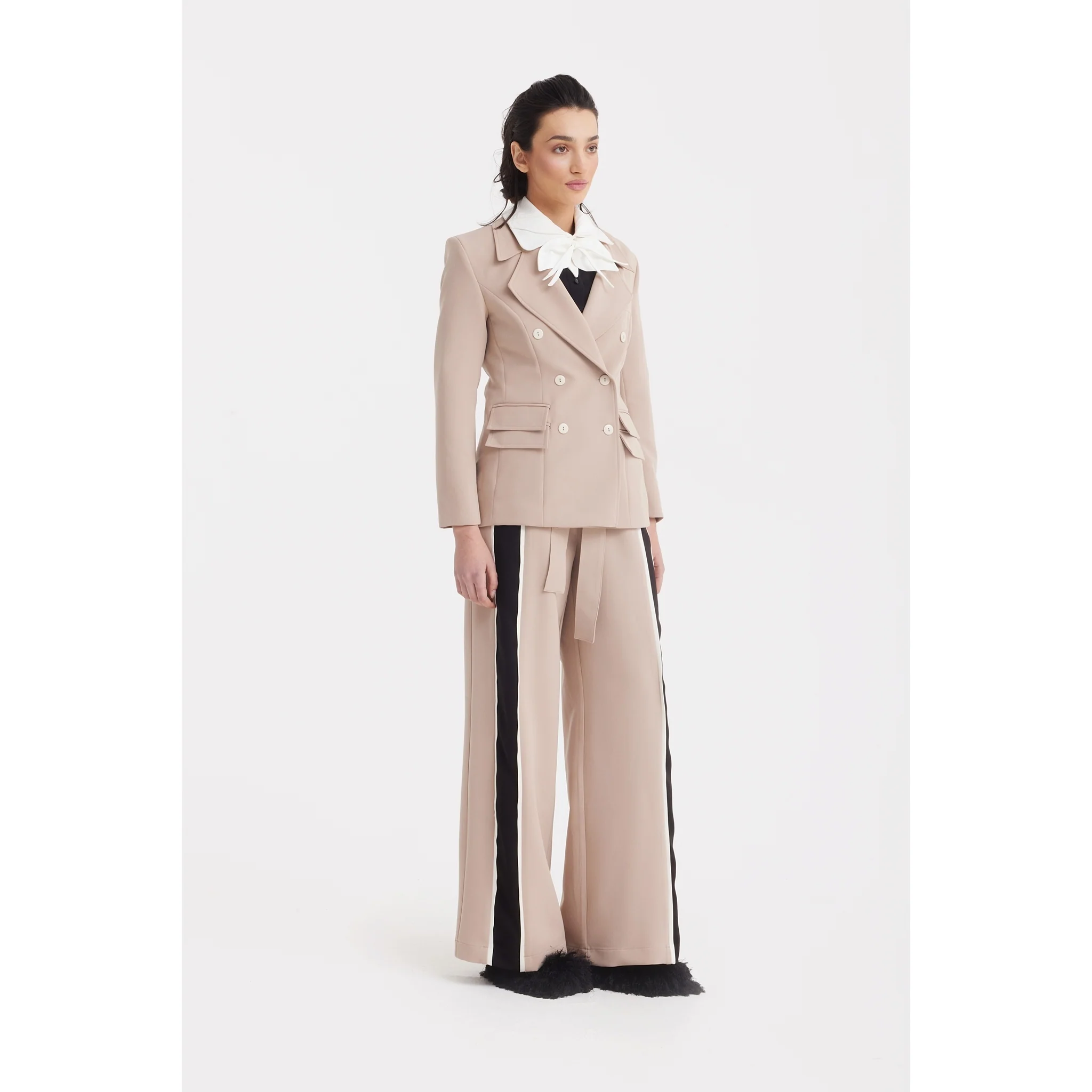 Classic Tailored Double-Breasted Blazer - Beige - Image 5