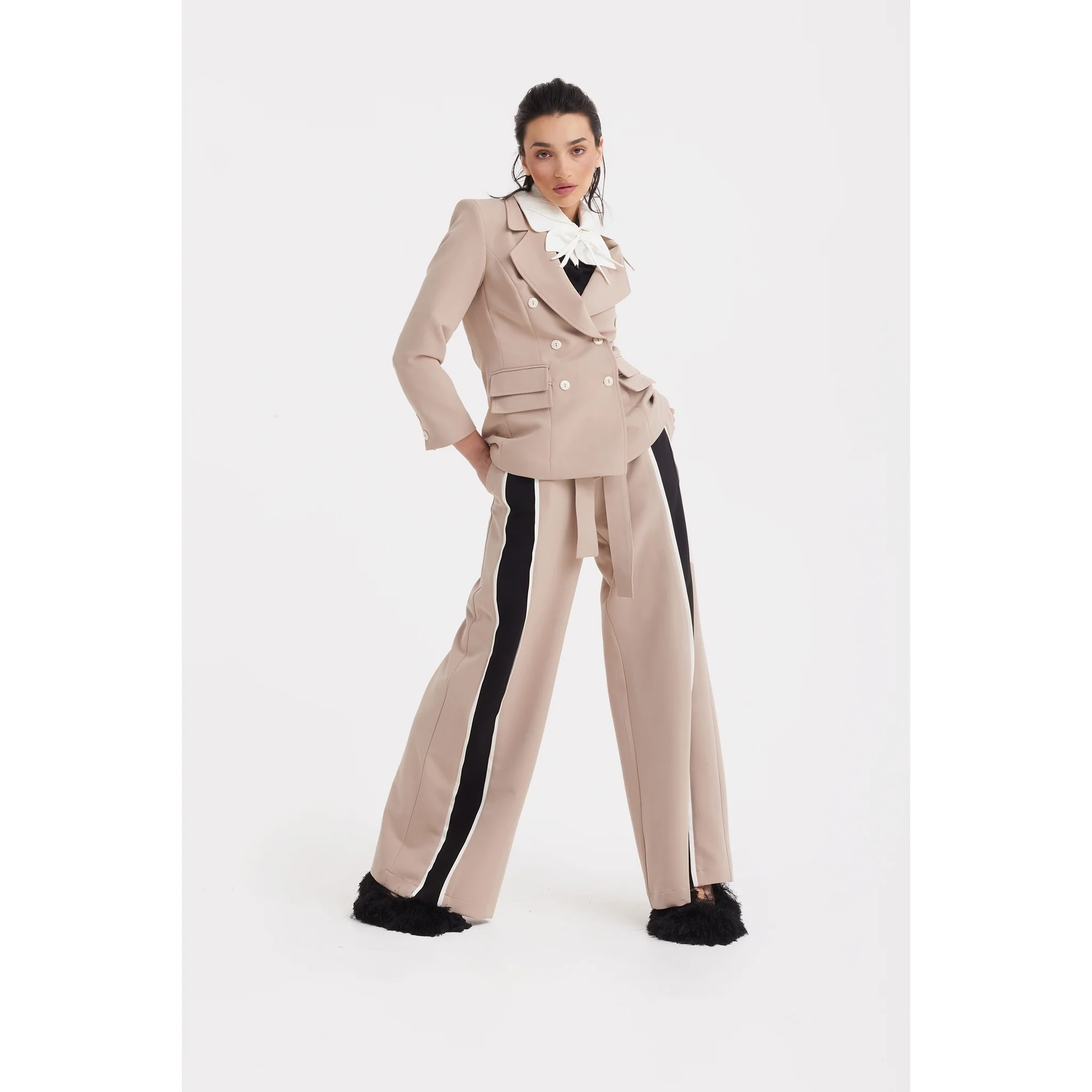 Classic Tailored Double-Breasted Blazer - Beige - Image 7