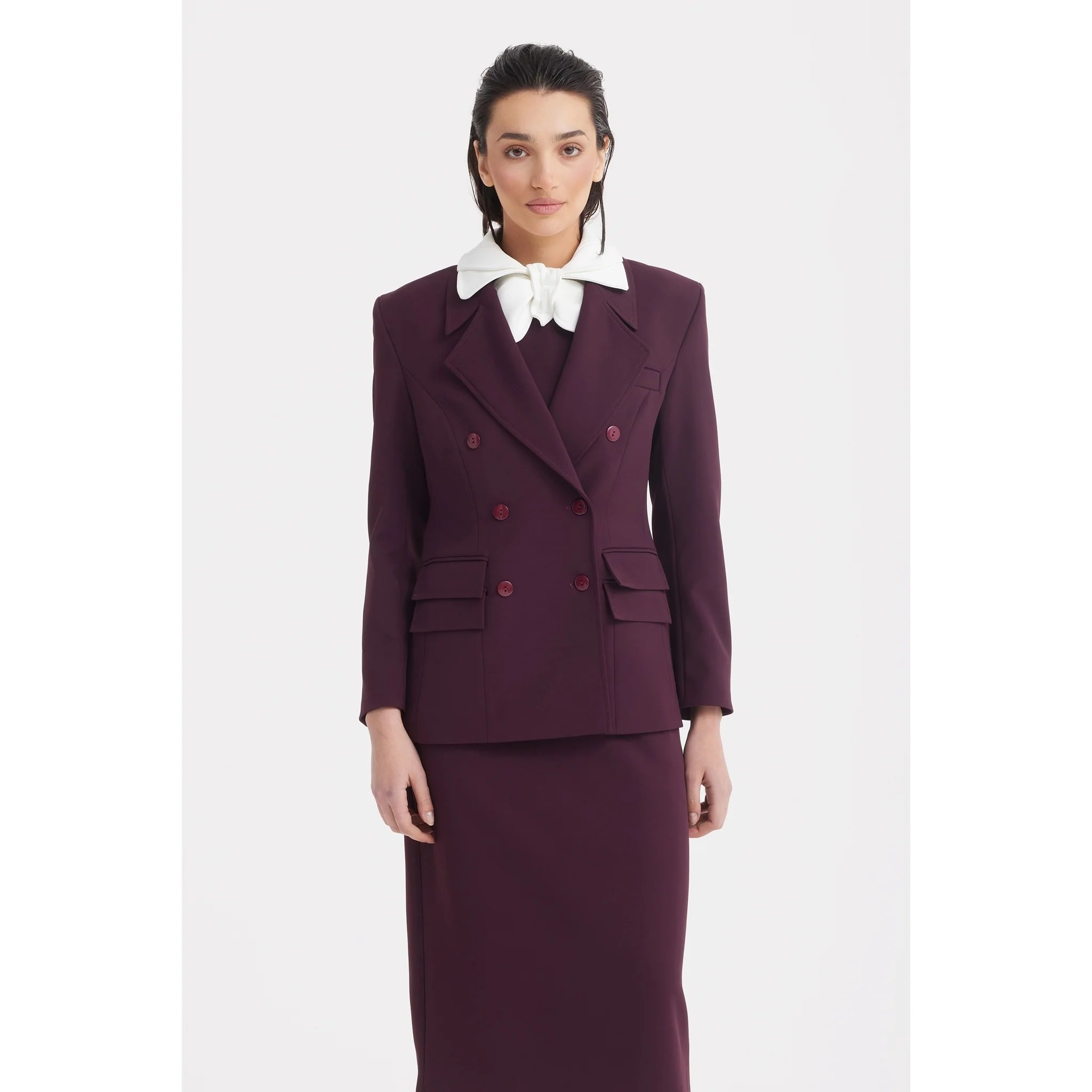 Classic Tailored Double-Breasted Blazer - Burgundy - Image 2