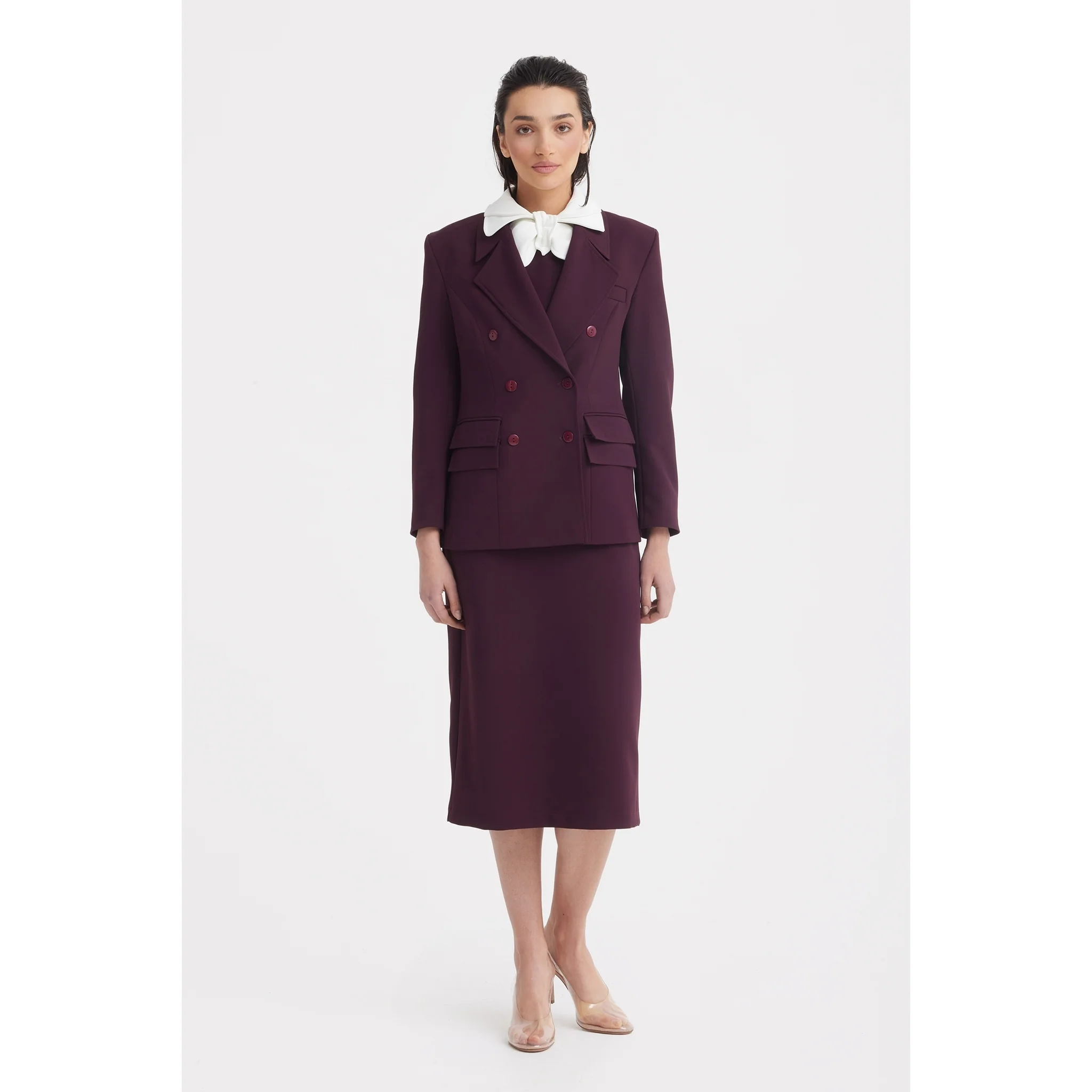Classic Tailored Double-Breasted Blazer - Burgundy - Image 3