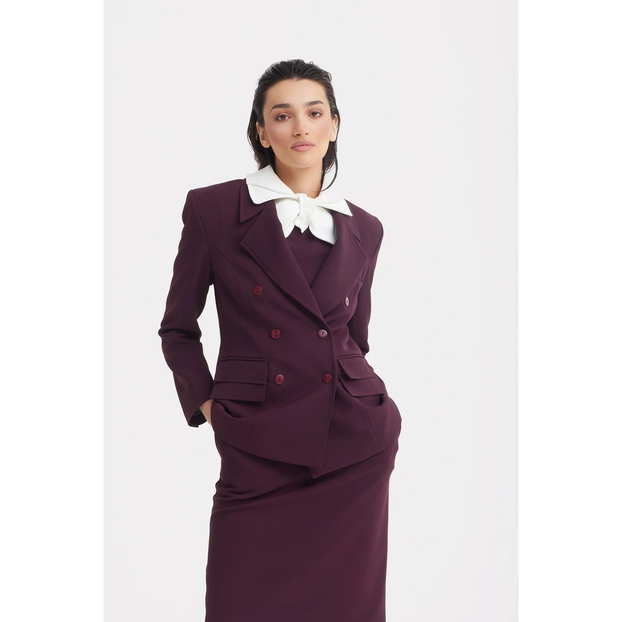Classic Tailored Double-Breasted Blazer - Burgundy - Image 5