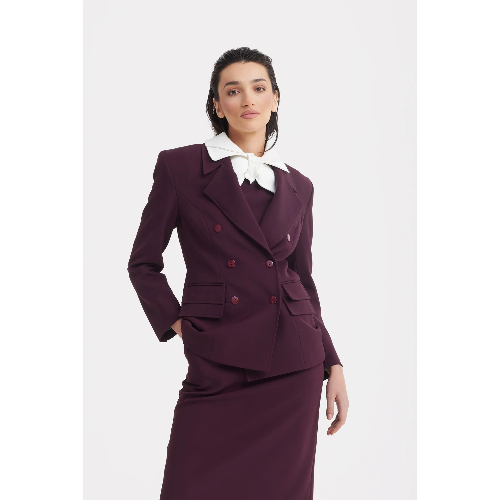 Classic Tailored Double-Breasted Blazer - Burgundy - Image 6